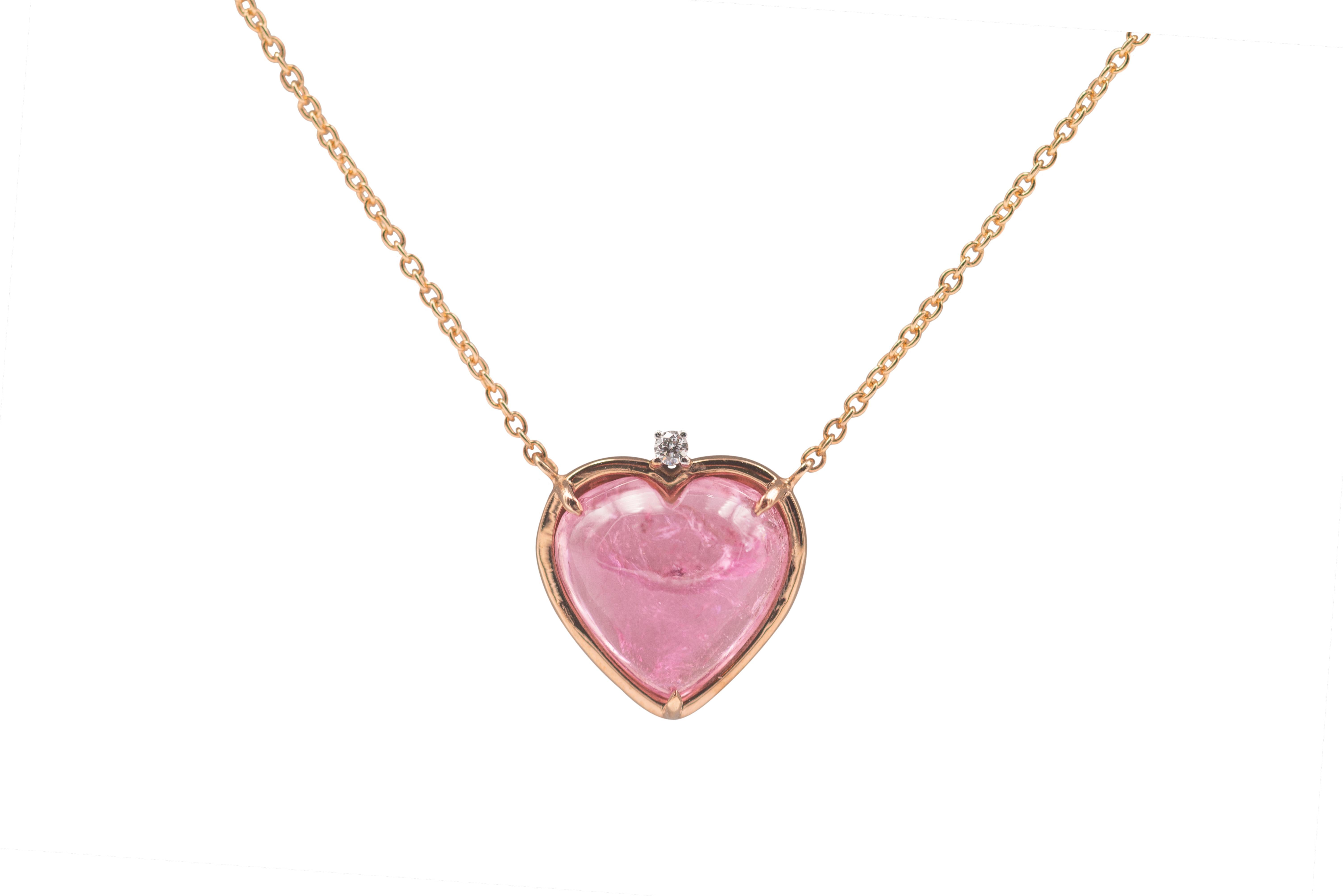 18 Karat Yellow Gold Heart Cut Pink Tourmaline White Diamond Pendant Necklace In New Condition For Sale In Rome, IT
