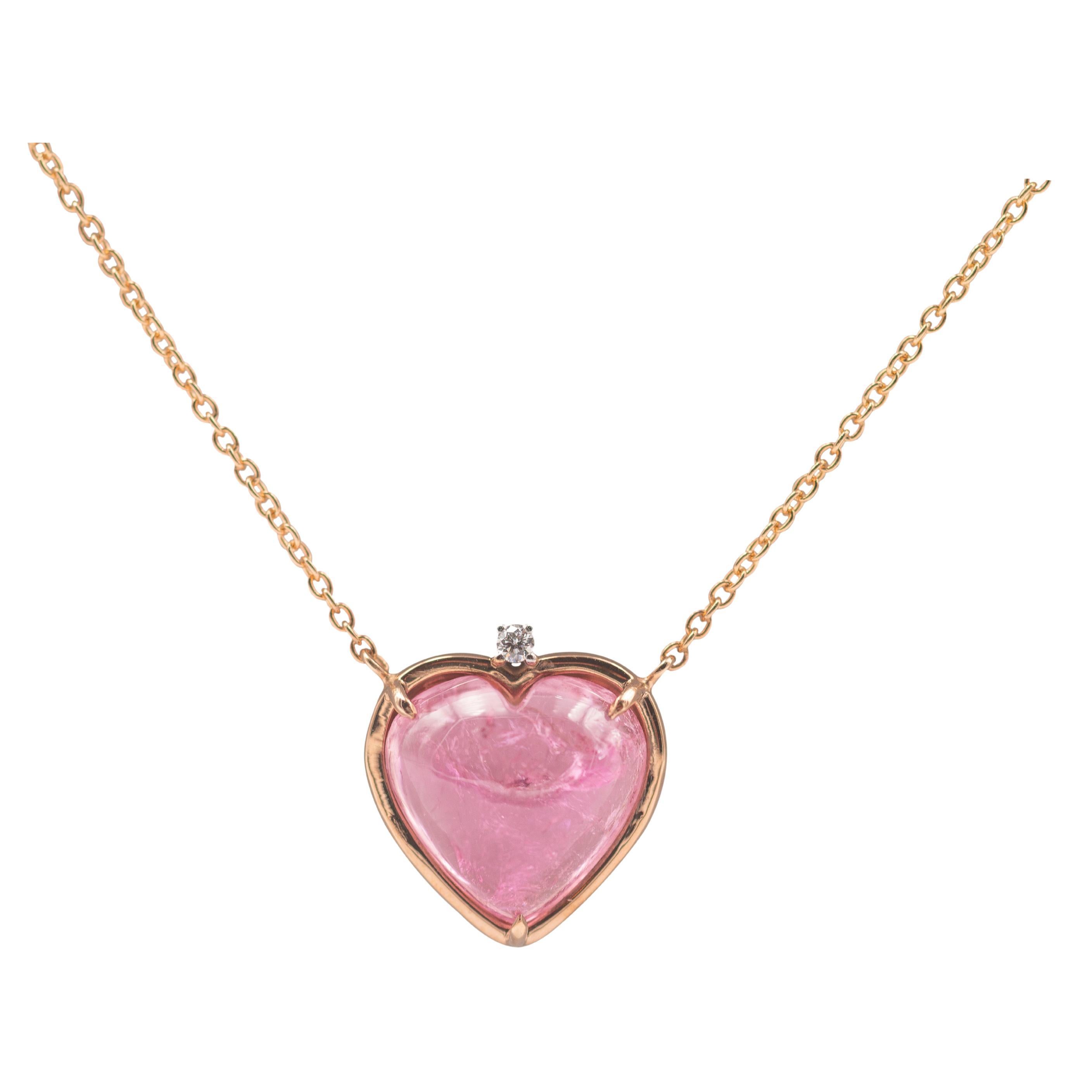 18 Karat Yellow Gold Heart Cut Pink Tourmaline White Diamond Pendant Necklace For Sale