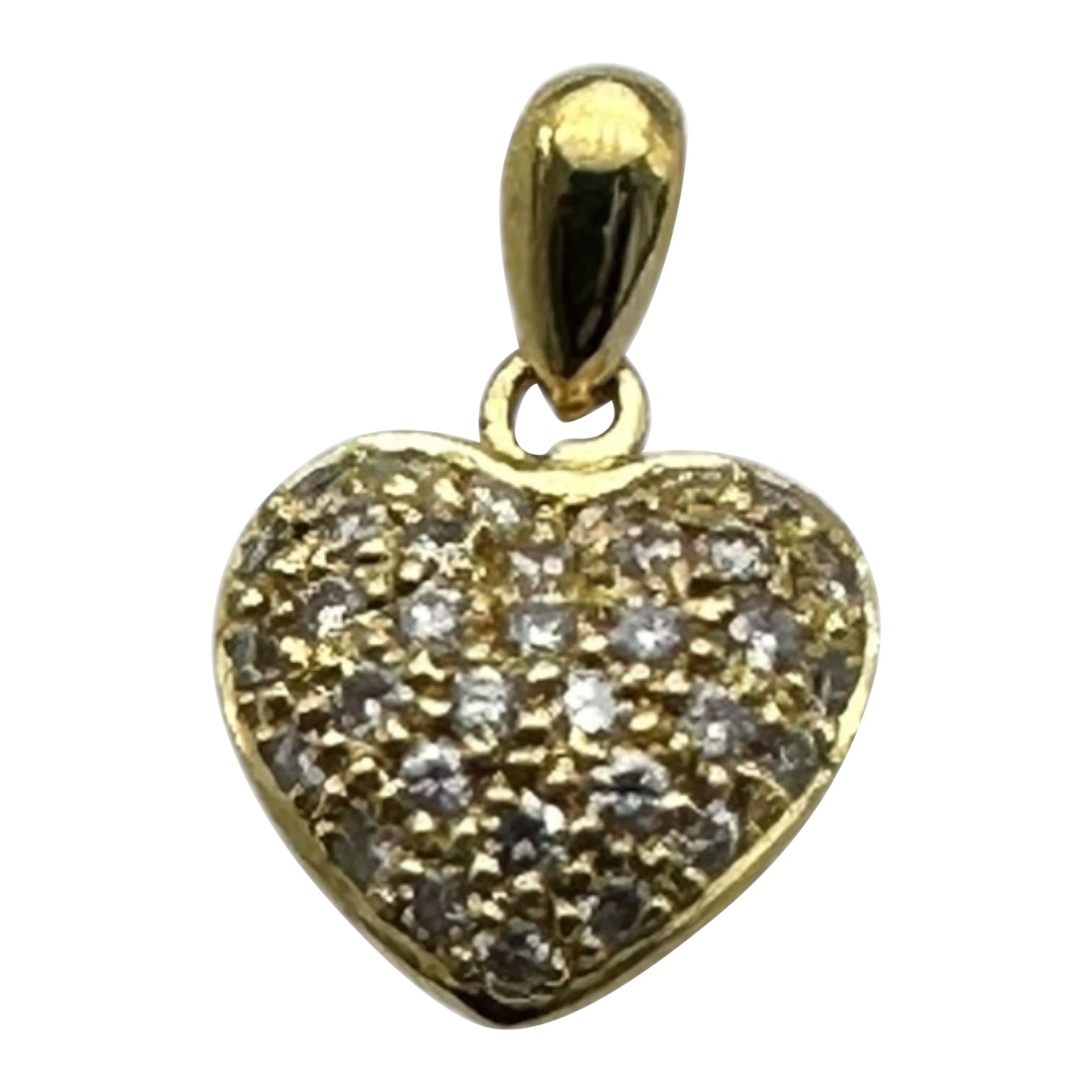 18 Karat Yellow Gold Heart Diamond, Puff-Style Drop Pendant For Sale