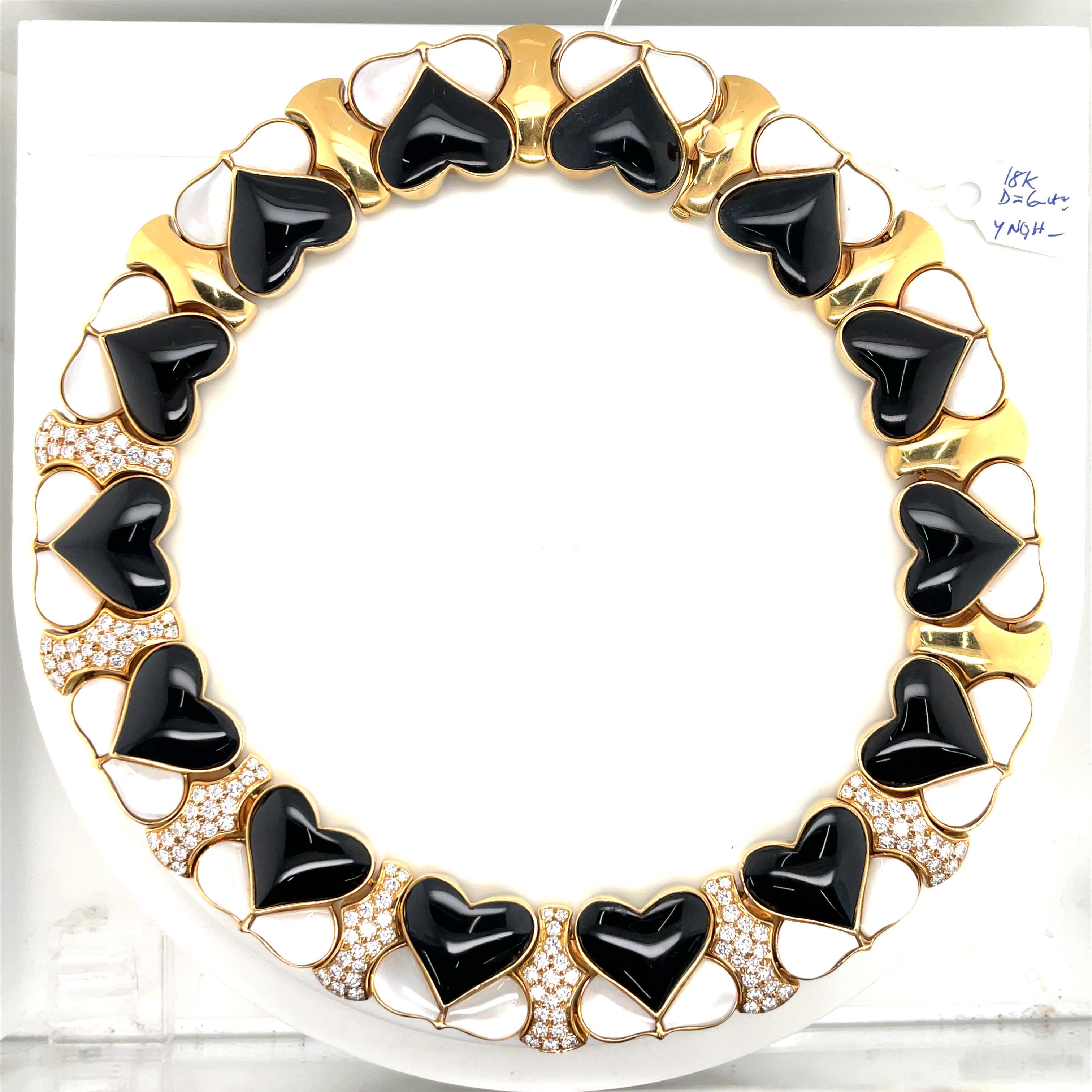 18 Karat Yellow Gold Heart Onyx Moonstone Diamond Collar Necklace 6 Carats  For Sale 7
