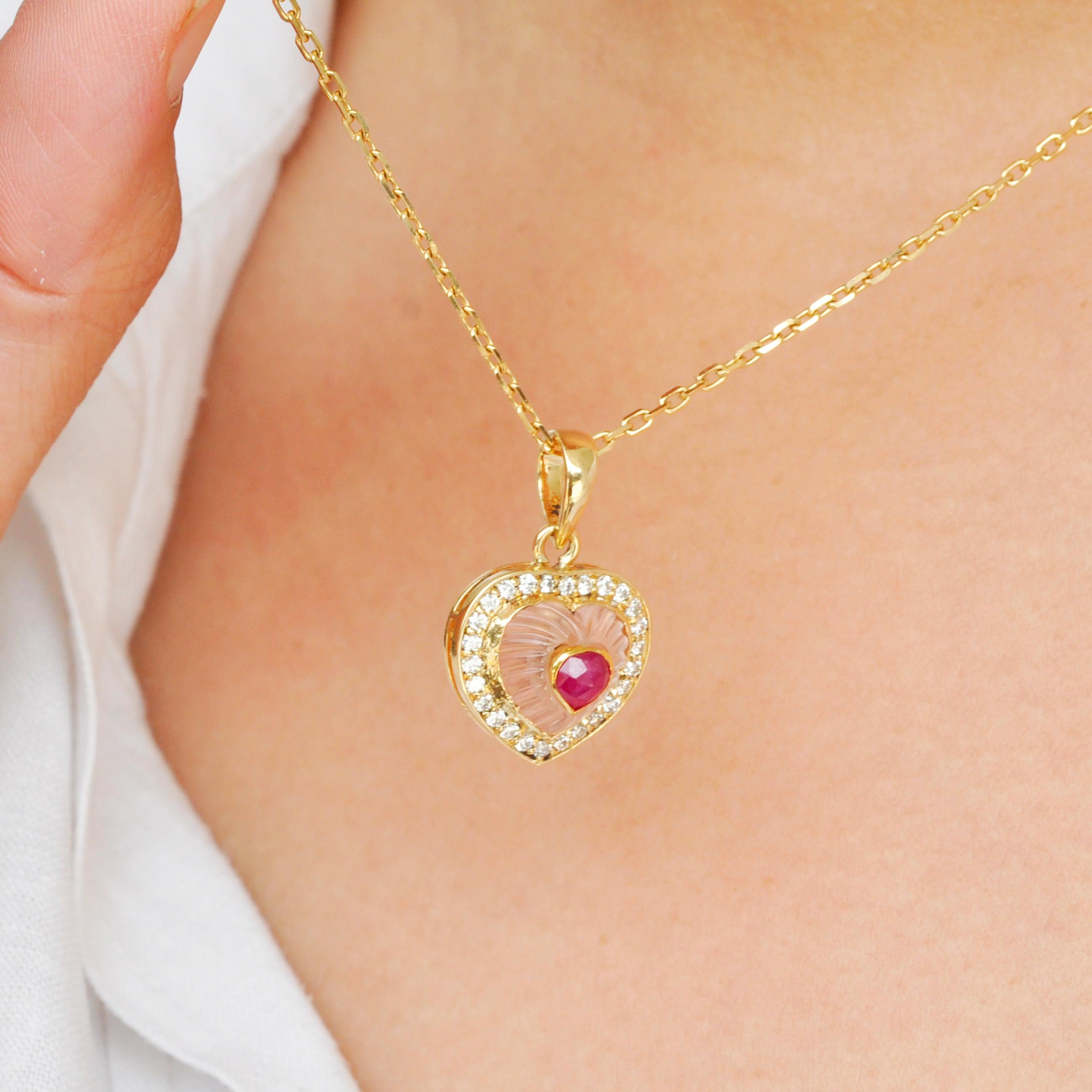 Modern 18 Karat Yellow Gold Heart Rose Quartz Ruby Diamond Valentine Pendant Necklace For Sale