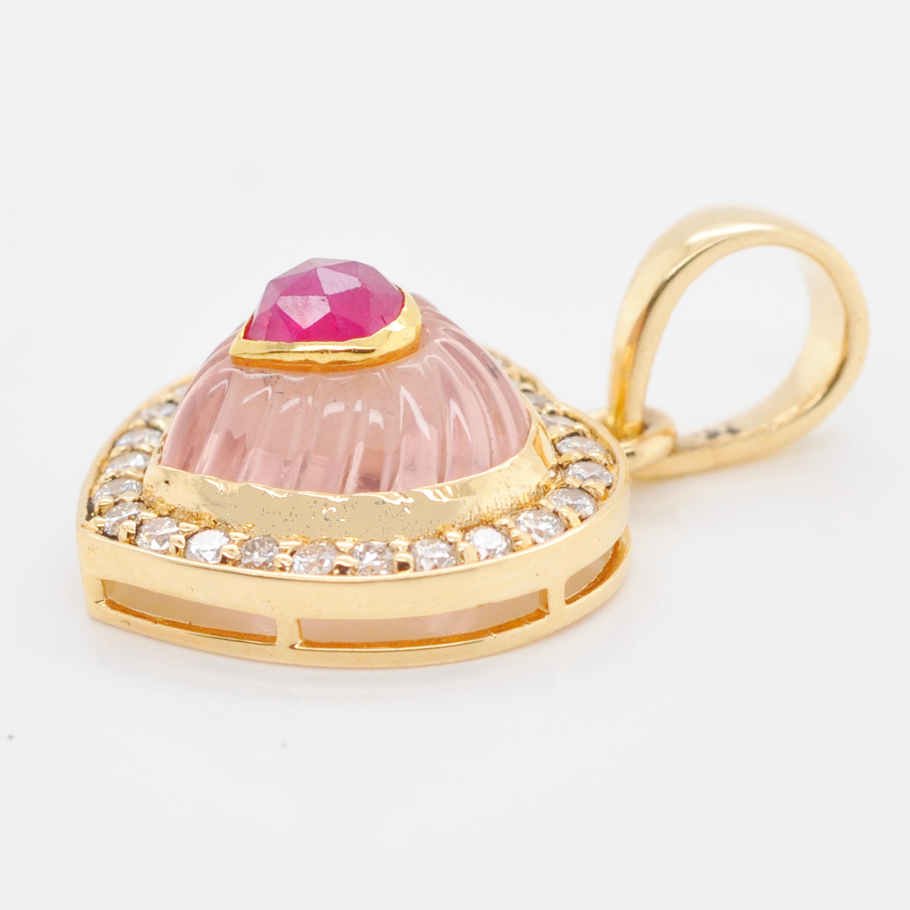 Heart Cut 18 Karat Yellow Gold Heart Rose Quartz Ruby Diamond Valentine Pendant Necklace For Sale