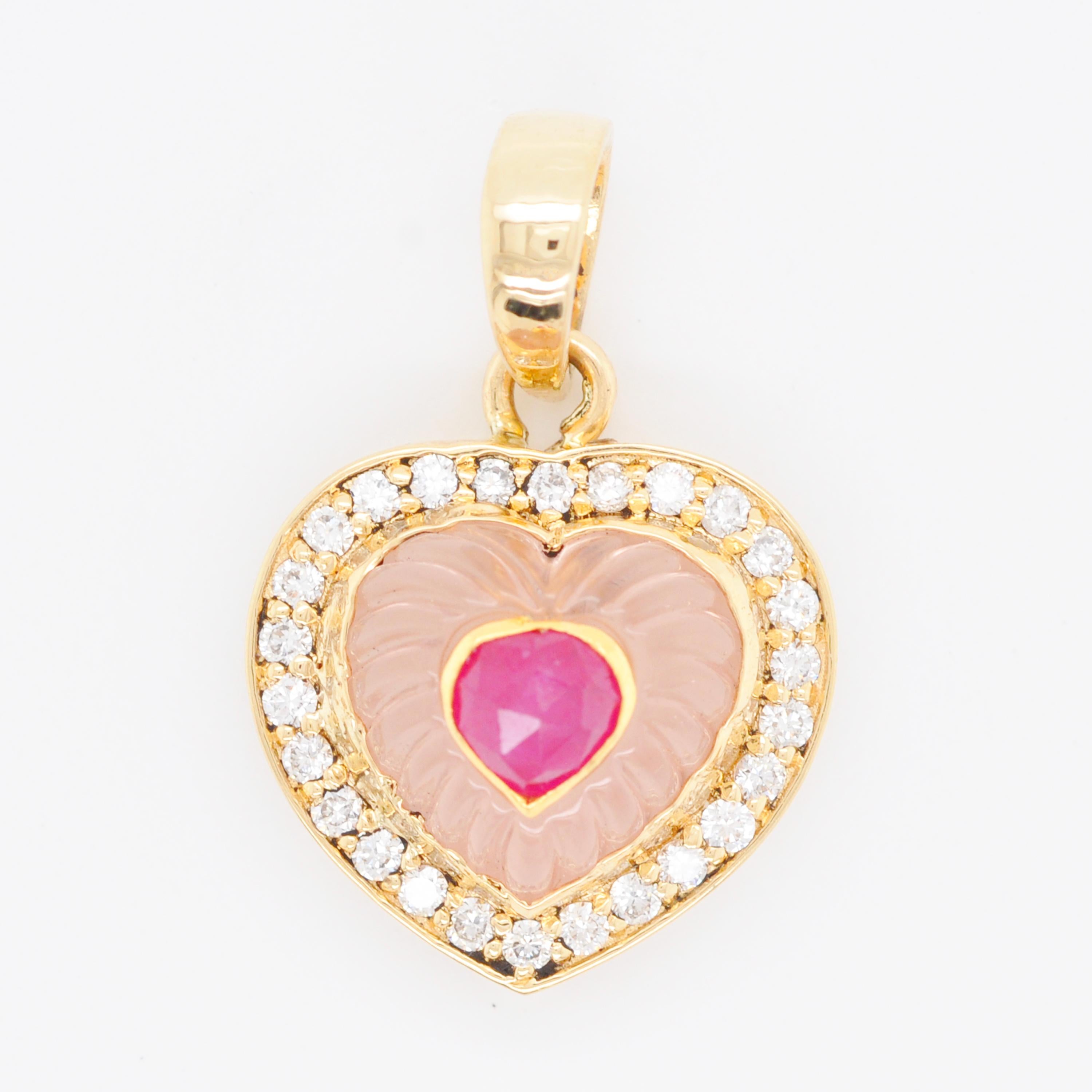 Women's 18 Karat Yellow Gold Heart Rose Quartz Ruby Diamond Valentine Pendant Necklace For Sale
