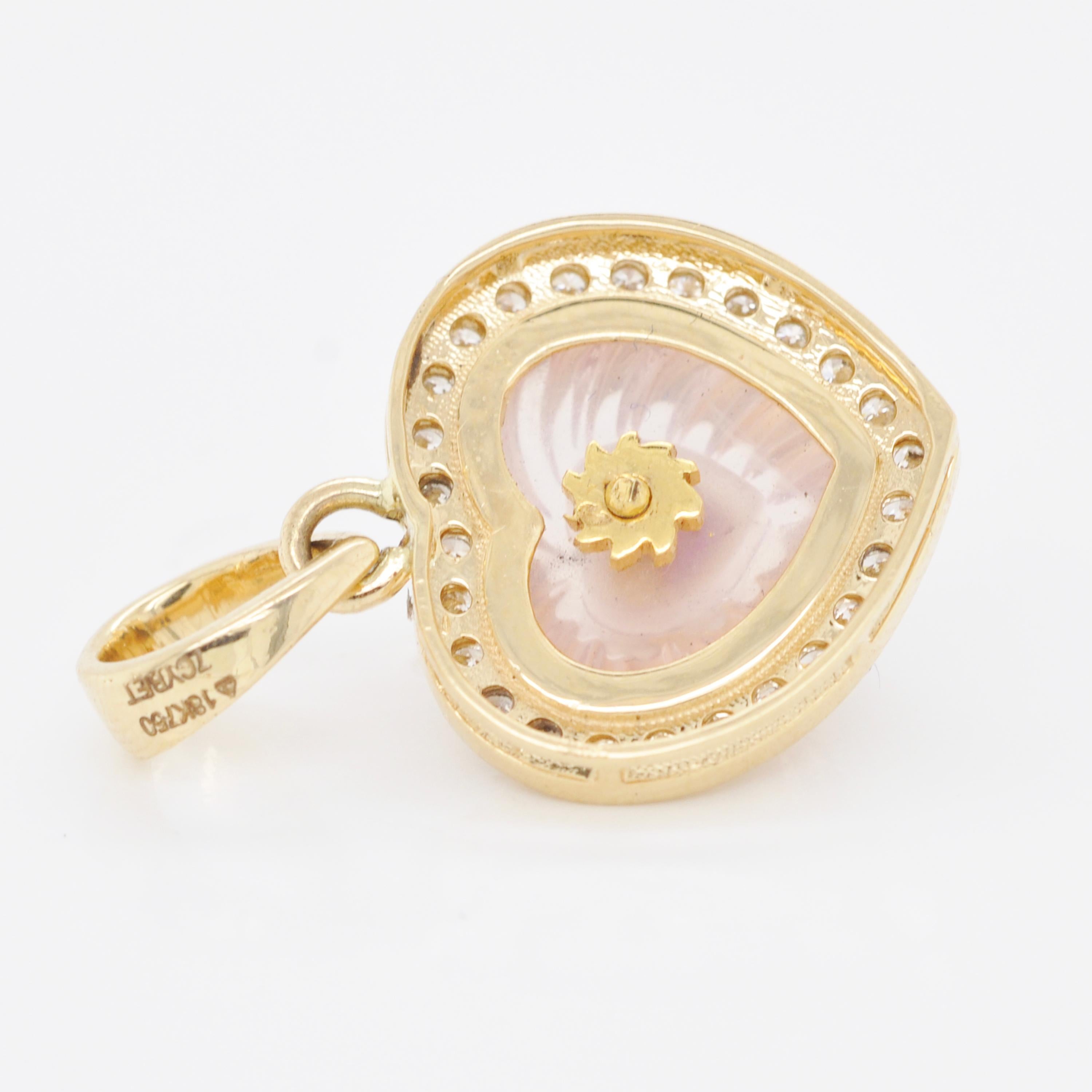 18 Karat Yellow Gold Heart Rose Quartz Ruby Diamond Valentine Pendant Necklace For Sale 1