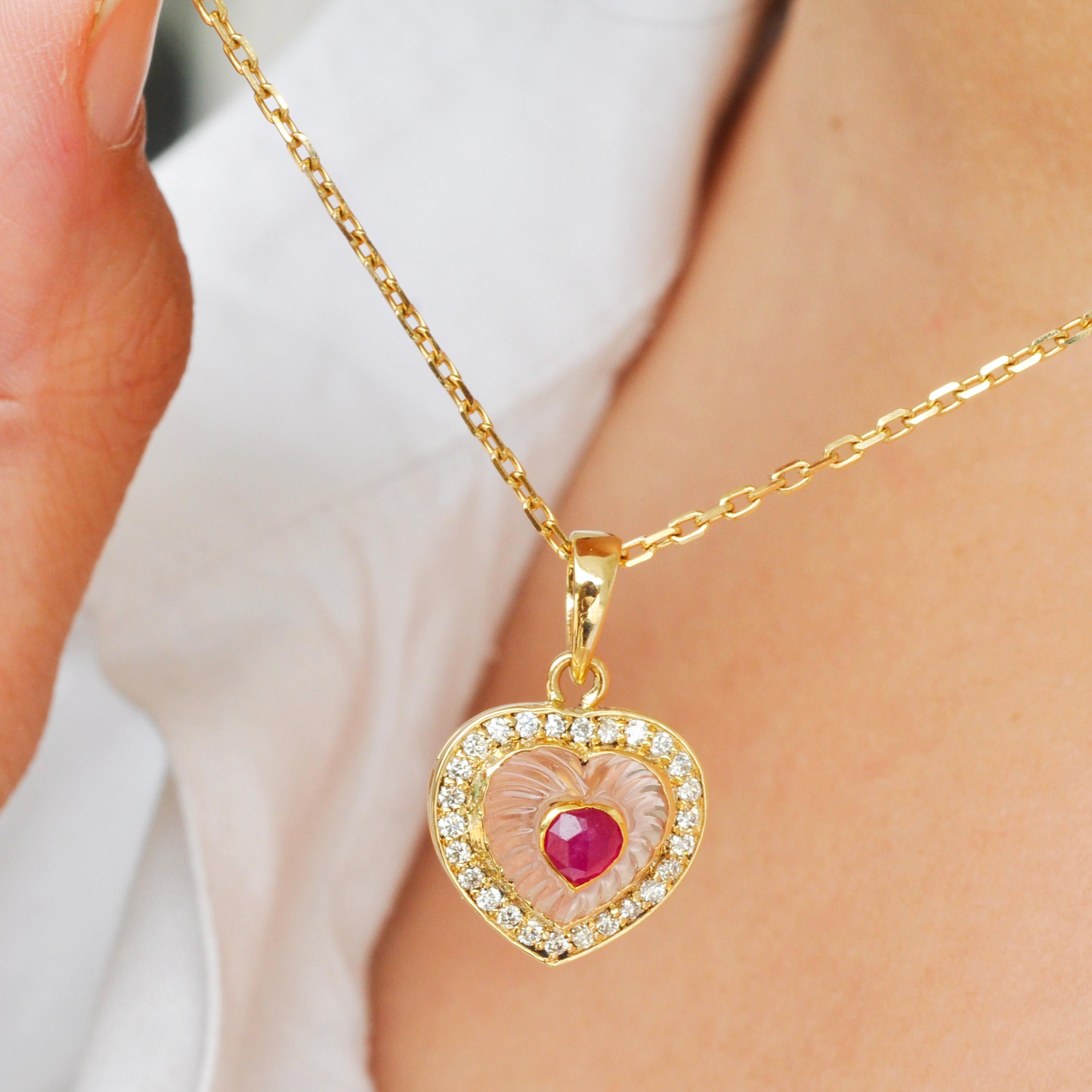 18 Karat Yellow Gold Heart Rose Quartz Ruby Diamond Valentine Pendant Necklace For Sale 2