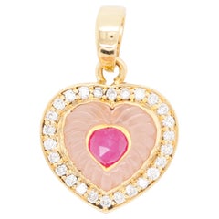 18 Karat Yellow Gold Heart Rose Quartz Ruby Diamond Valentine Pendant Necklace