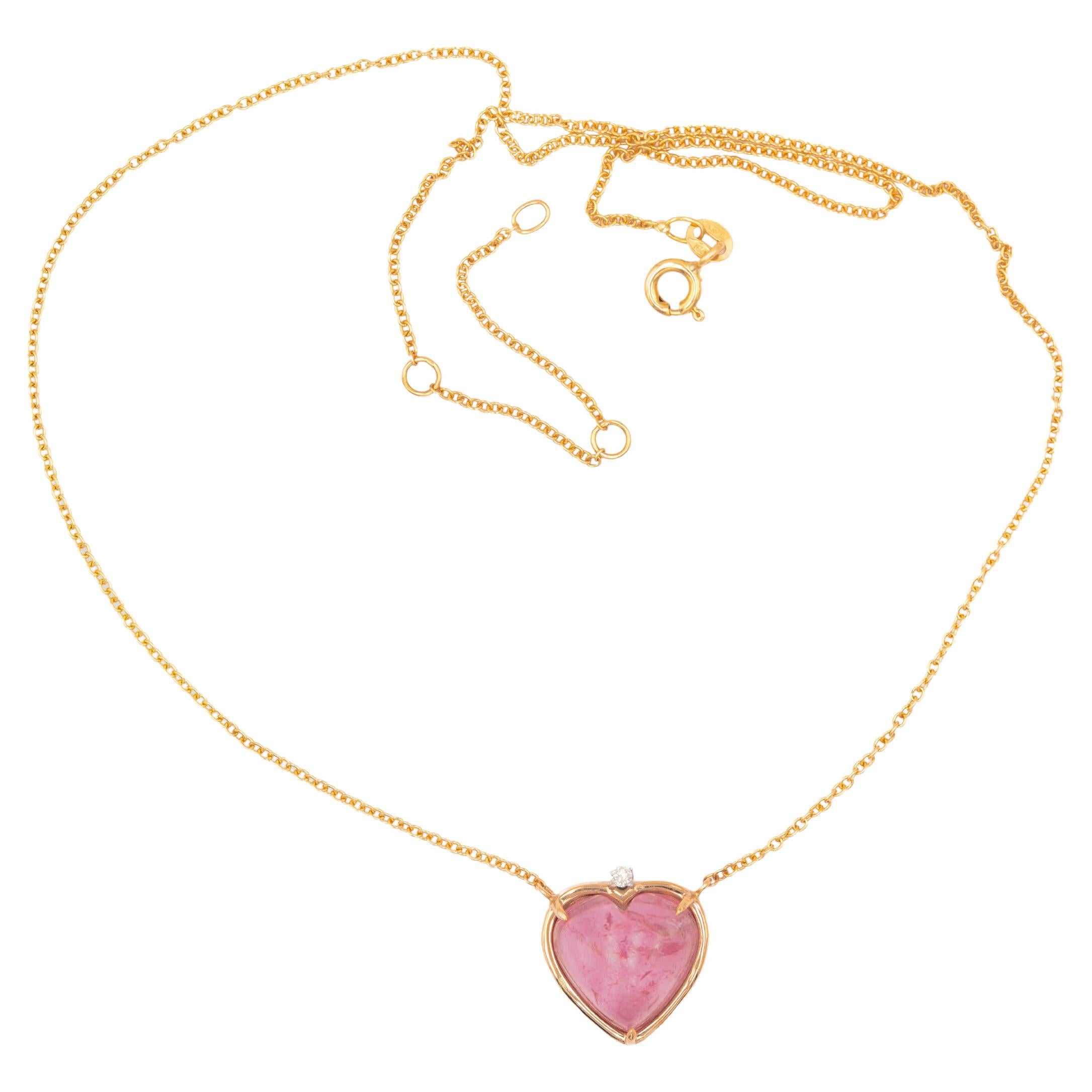 Collier pendentif en or 18 carats avec tourmaline rose en forme de cœur et diamants de 5 carats