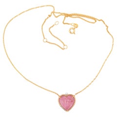 18 Karat Gold Heart Shaped Pink 5 Karat Tourmaline Diamonds Pendant Necklace