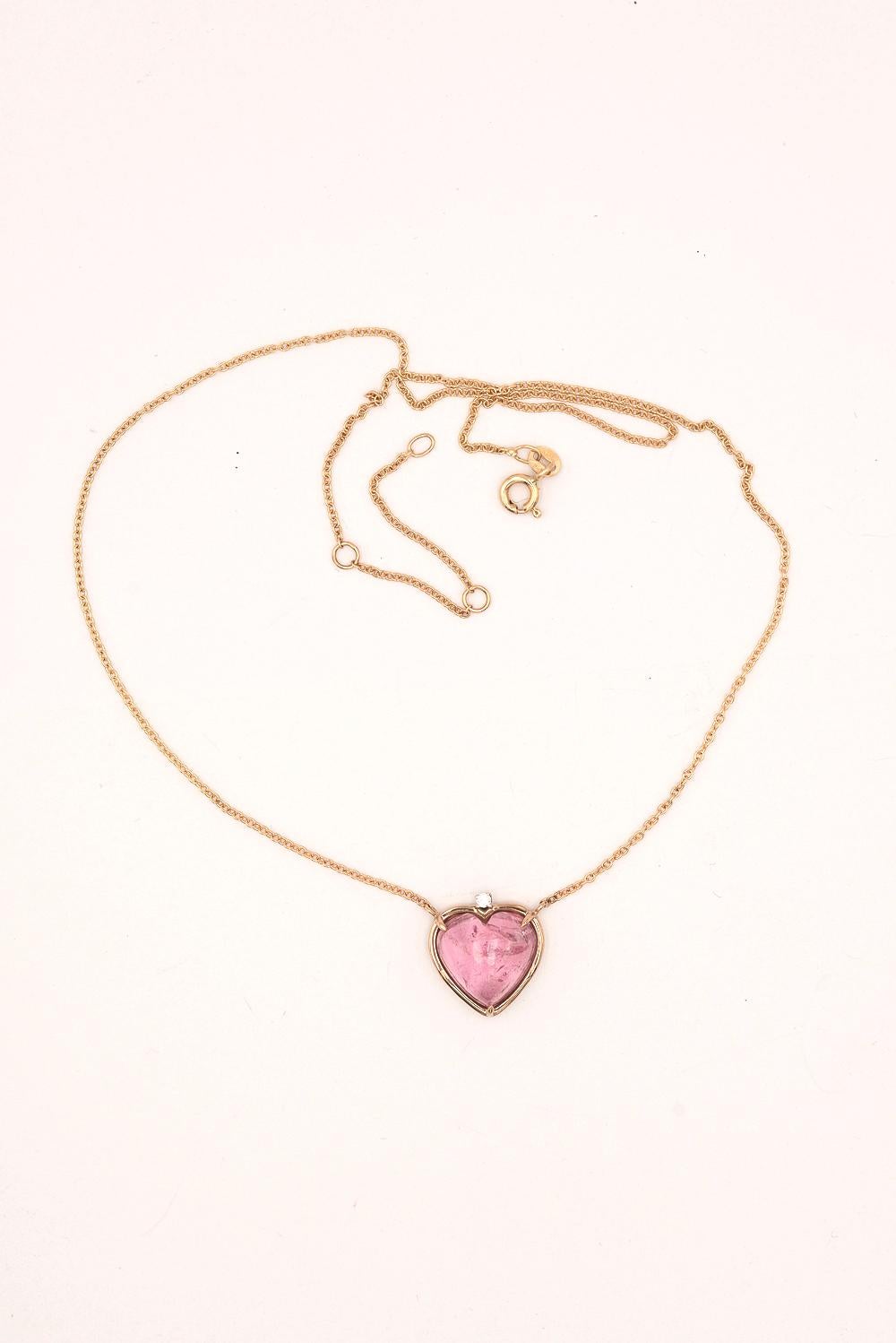 Women's 18 Karat Yellow Gold Heart Shaped Rose Tourmaline Diamonds Love Pendent Necklace For Sale