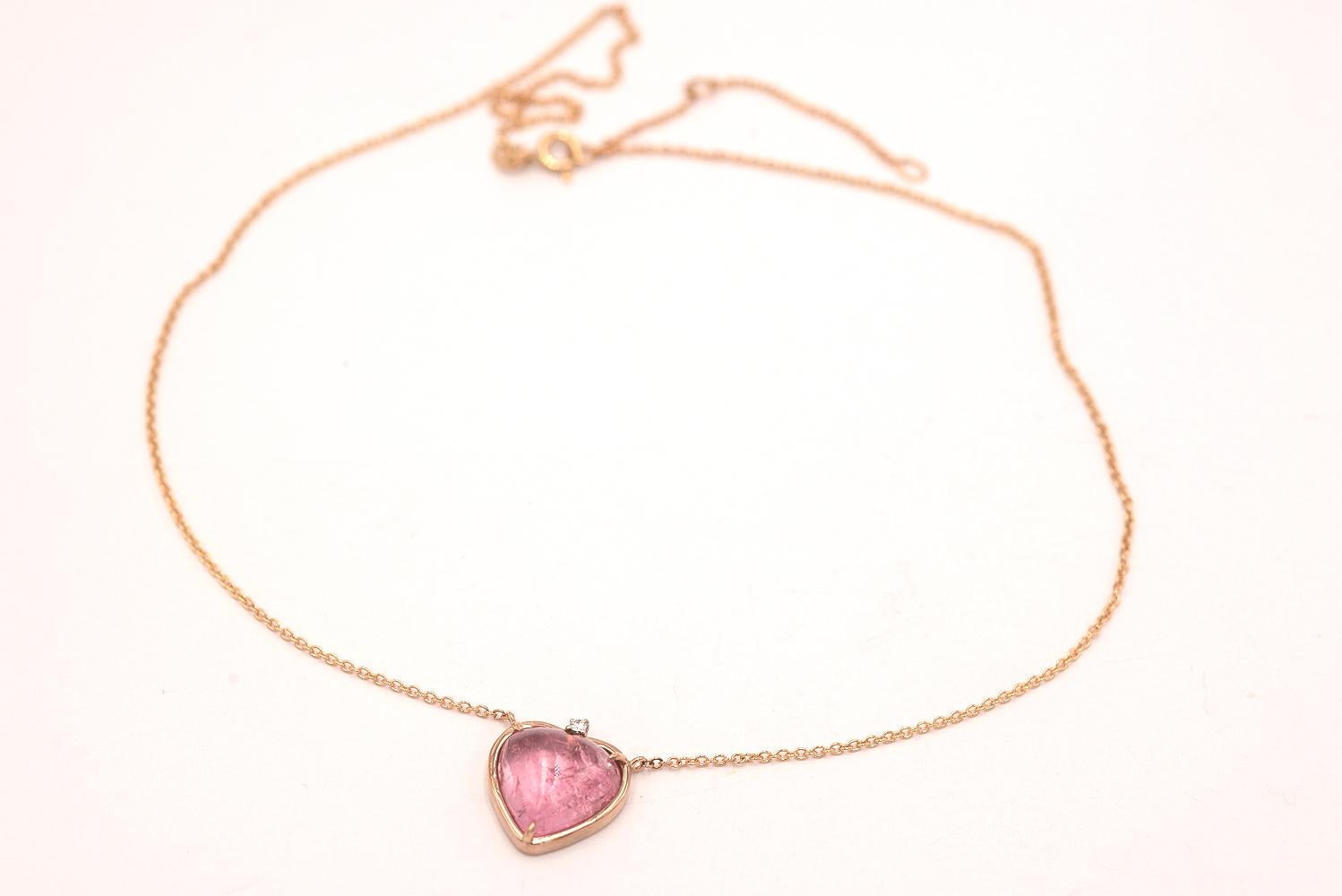 18 Karat Yellow Gold Heart Shaped Rose Tourmaline Diamonds Love Pendent Necklace For Sale 2