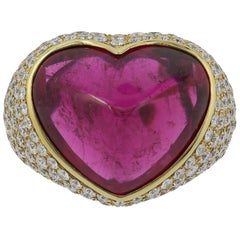 18 Karat Yellow Gold Heart Shaped Sugarloaf Tourmaline and Diamond Ring