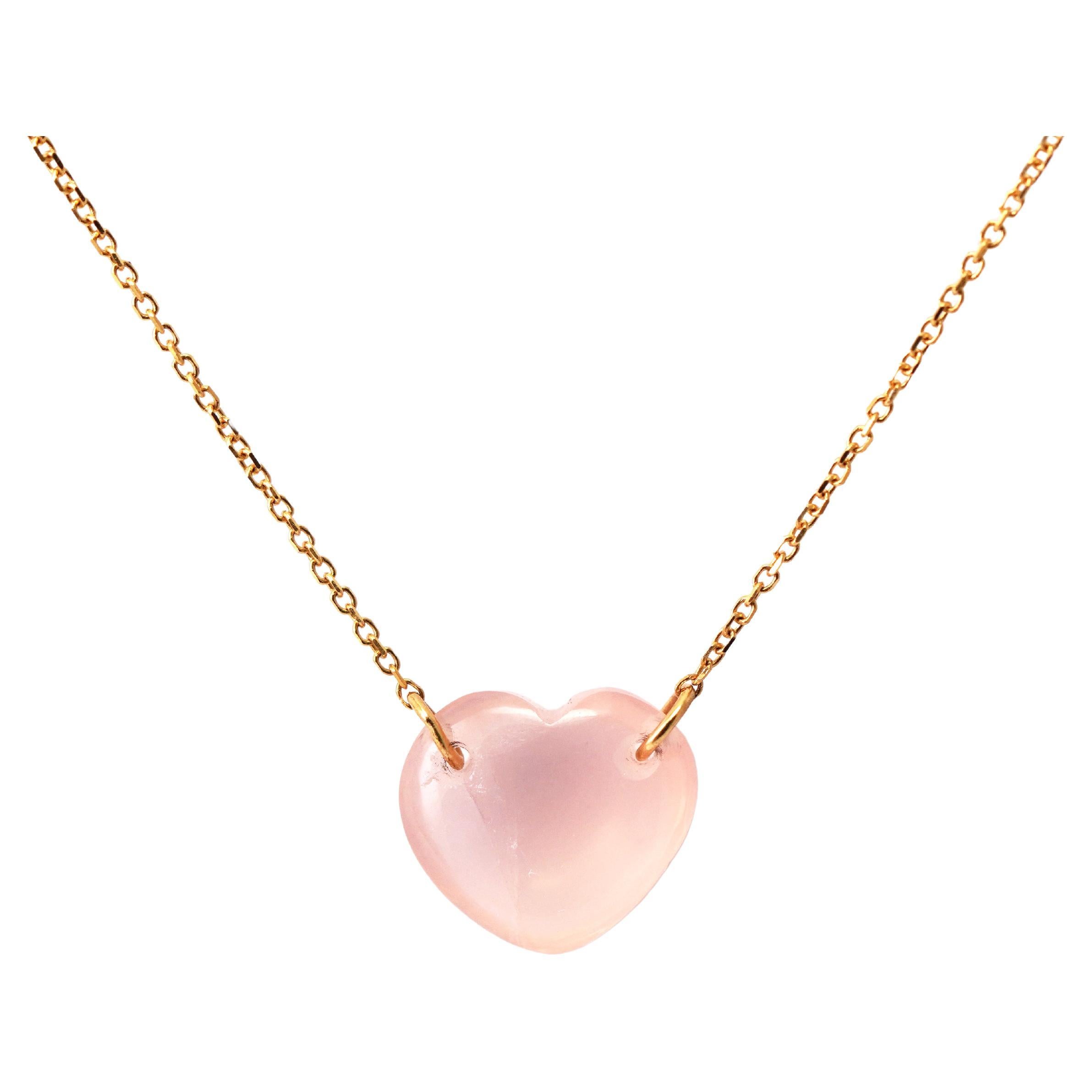 18 Karat Yellow Gold Hearth Shape Pink Quartz Necklace