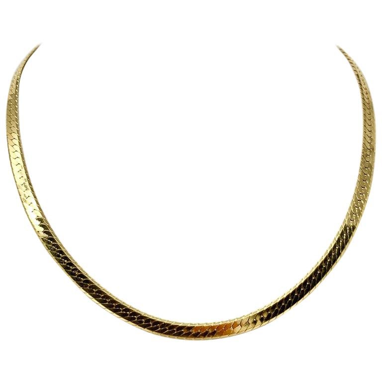 18 Karat Yellow Gold Heavy Herringbone Link Chain Necklace For Sale at