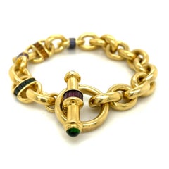 18 Karat Yellow Gold Heavy Link Gemstone Bracelet 74.4 Grams