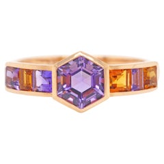 18 Karat Yellow Gold Hexagon Cut Amethyst Citrine Channel Set Engagement Ring