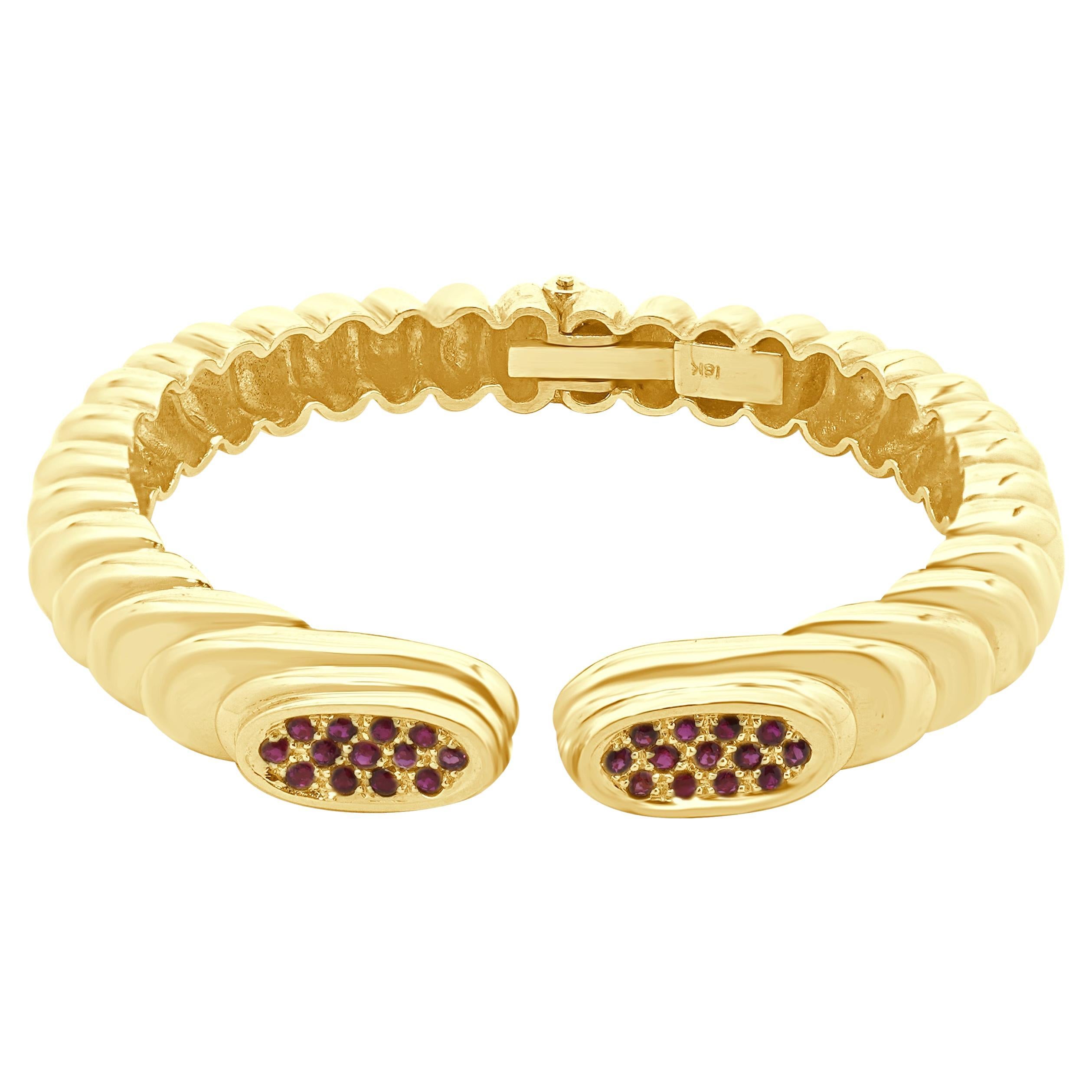 18 Karat Yellow Gold Hinged Fluted Pave Set Ruby Cuff For Sale