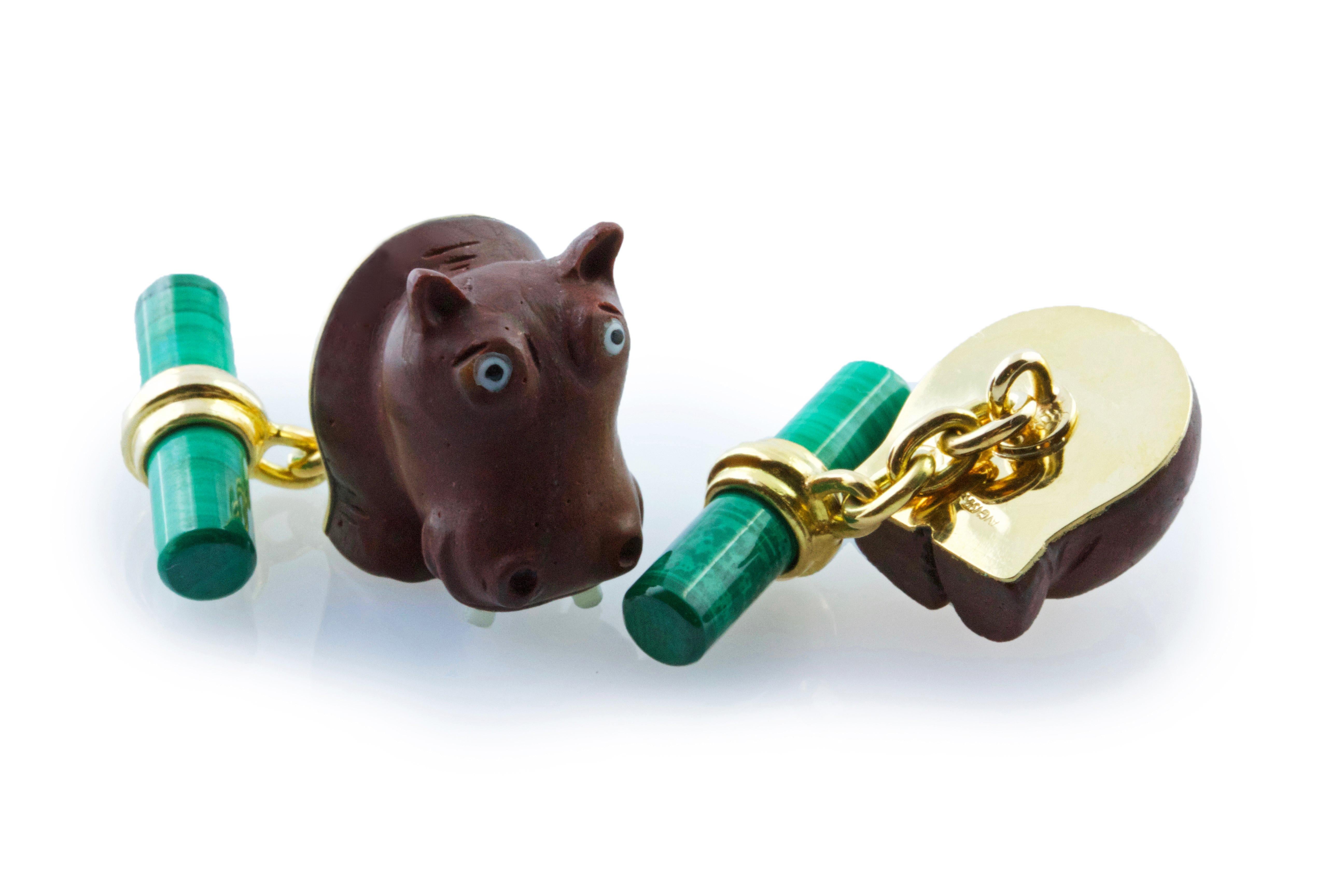 18 Karat Yellow Gold Hippopotamus Jasper Brown and Malachite Cufflinks In New Condition For Sale In Milano, IT