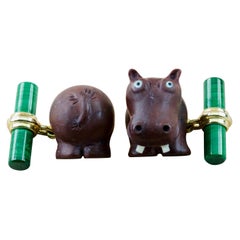 18 Karat Yellow Gold Hippopotamus Jasper Brown and Malachite Cufflinks