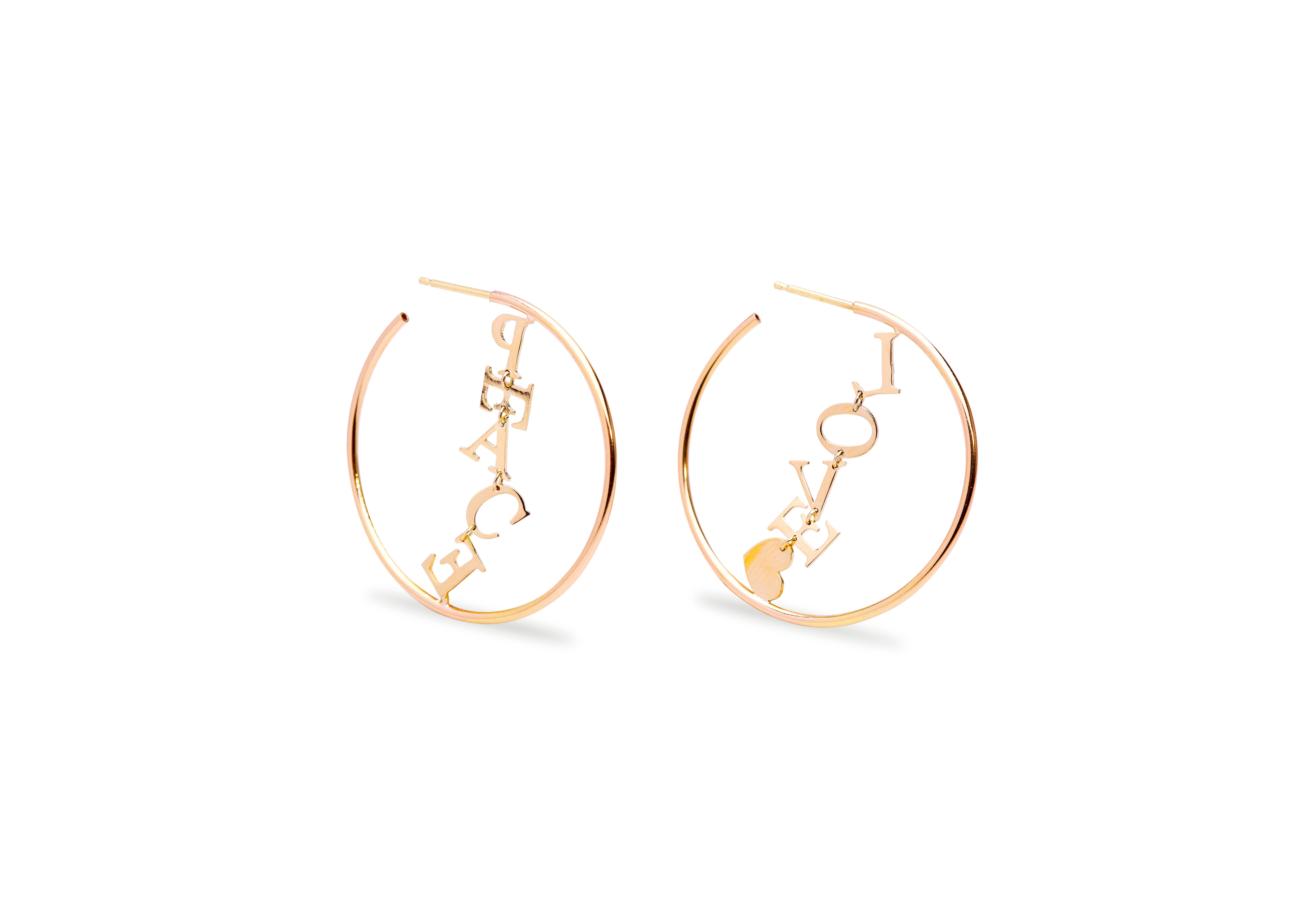 18 Karat Gelbgold Creolen „Peace & Love“ Moderne handgefertigte Design-Ohrringe im Angebot 2