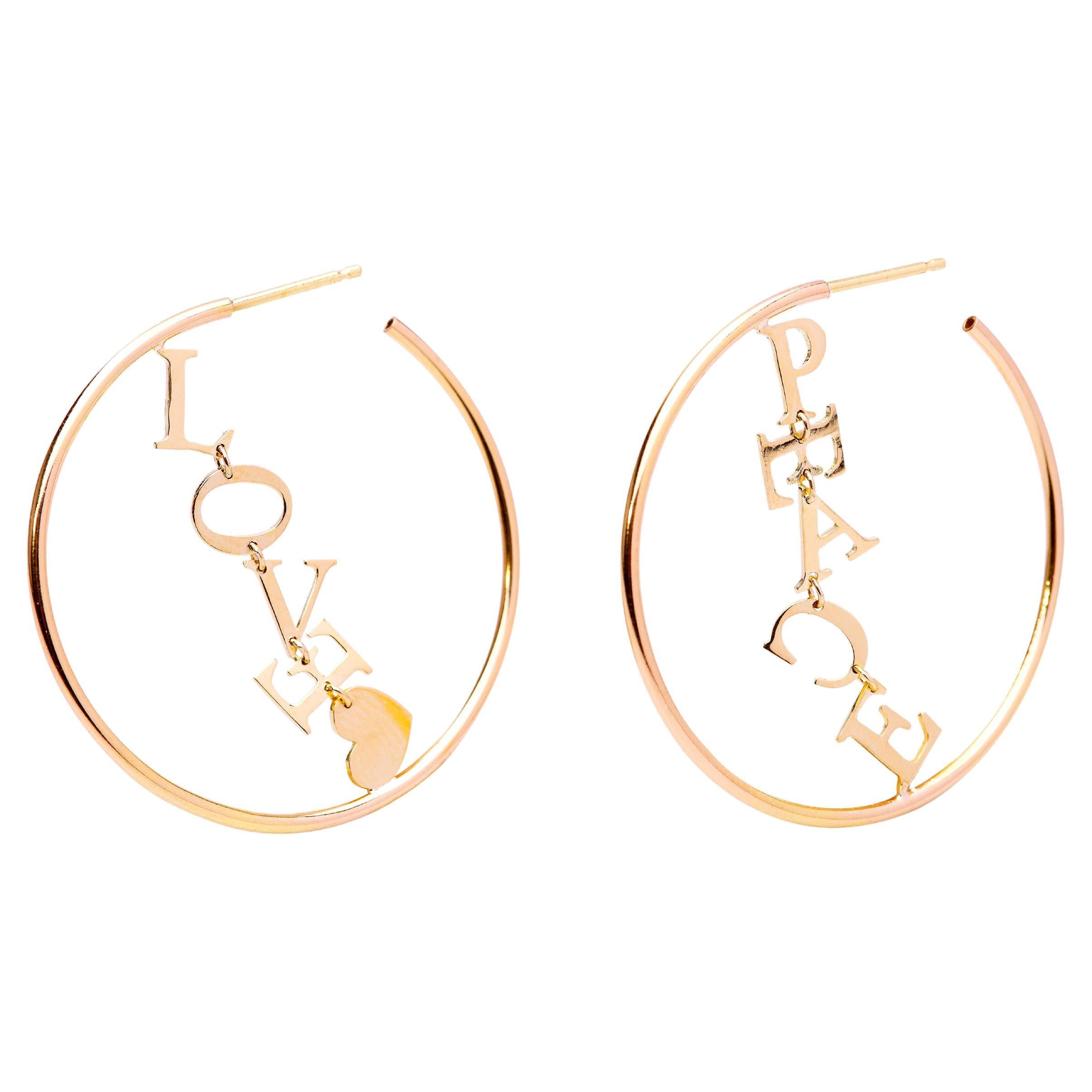 18 Karat Yellow Gold Hoops "Peace & Love" Modern Handcrafted Design Earrings For Sale