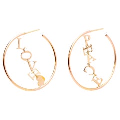 18 Karat Yellow Gold Hoops "Peace & Love" Modern Handcrafted Design Earrings