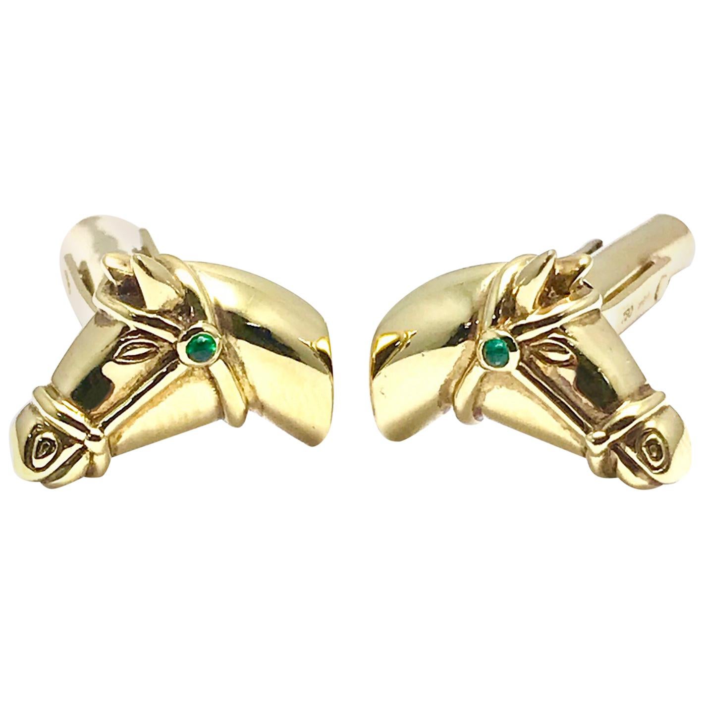 18 Karat Yellow Gold Horse Cufflinks with an Emerald Accent Bridle