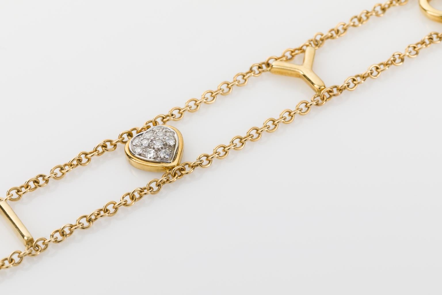 18 Karat Yellow Gold I Love You Chain Link Bracelet For Sale 2