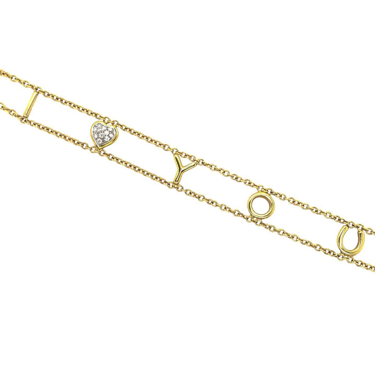 Round Cut 18 Karat Yellow Gold I Love You Chain Link Bracelet For Sale