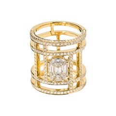18 Karat Yellow Gold Illusion Large Tube Pave Diamond Ring