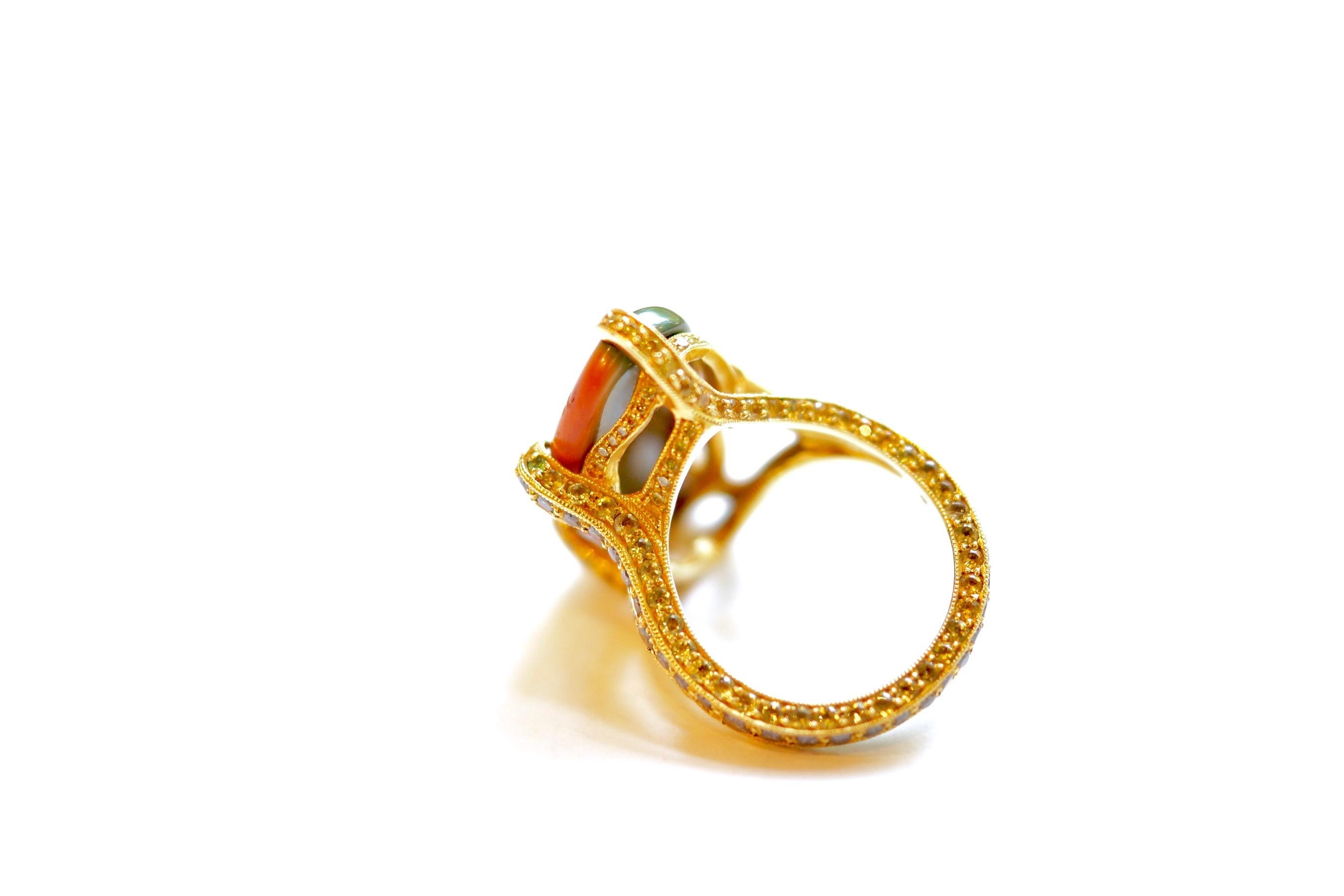 Women's or Men's 18 Karat Yellow Gold Imperial Jasper, Multicolored Gemstones and Diamond Ring For Sale