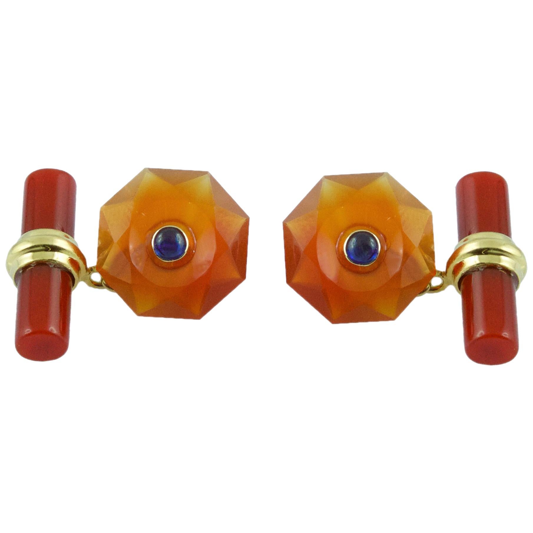 18 Karat Yellow Gold in Carnelian with Sapphires Cufflinks