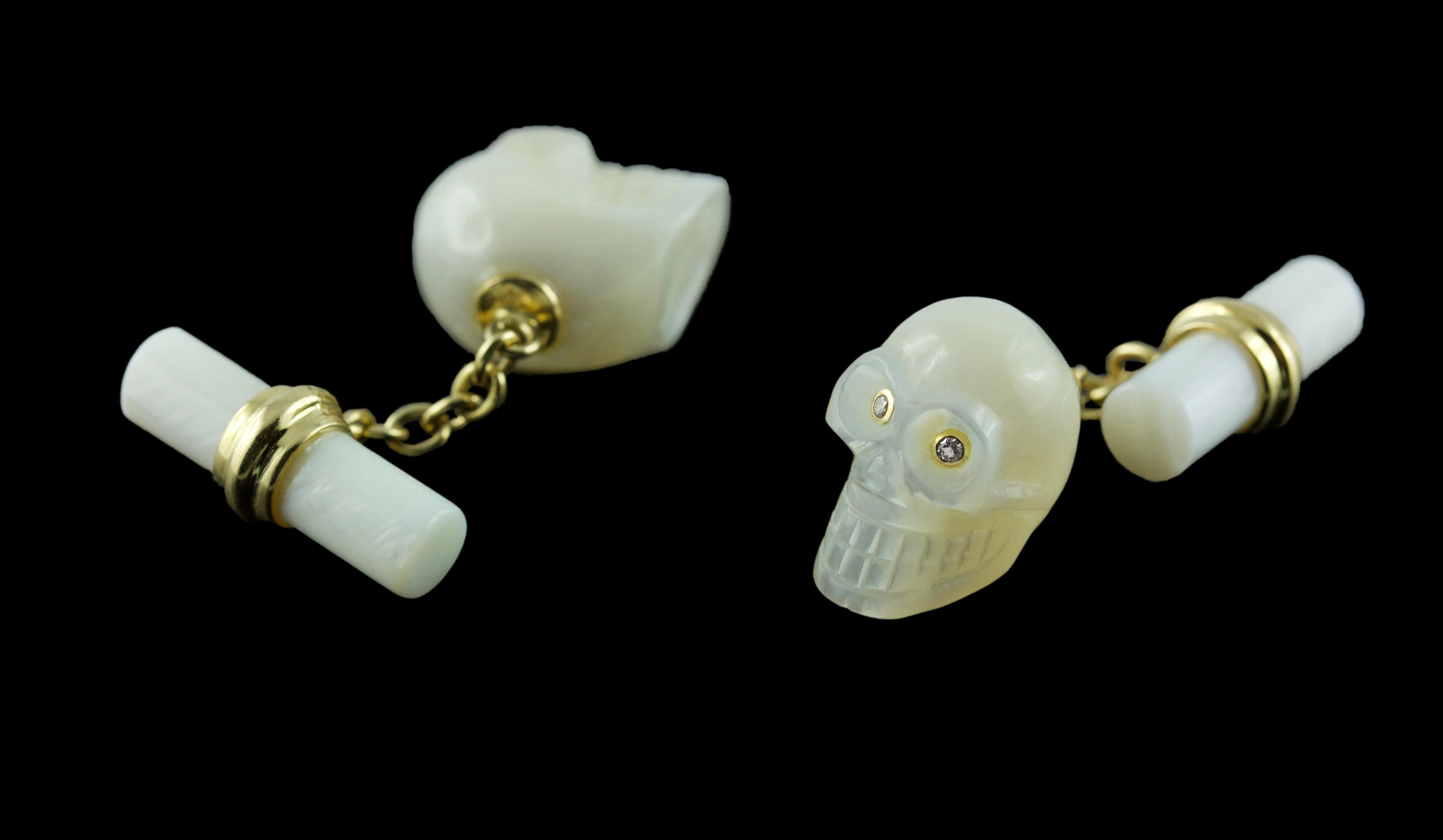 Brilliant Cut 18 Karat Yellow Gold in Mother of Pearl and Diamonds Skull Cufflinks For Sale