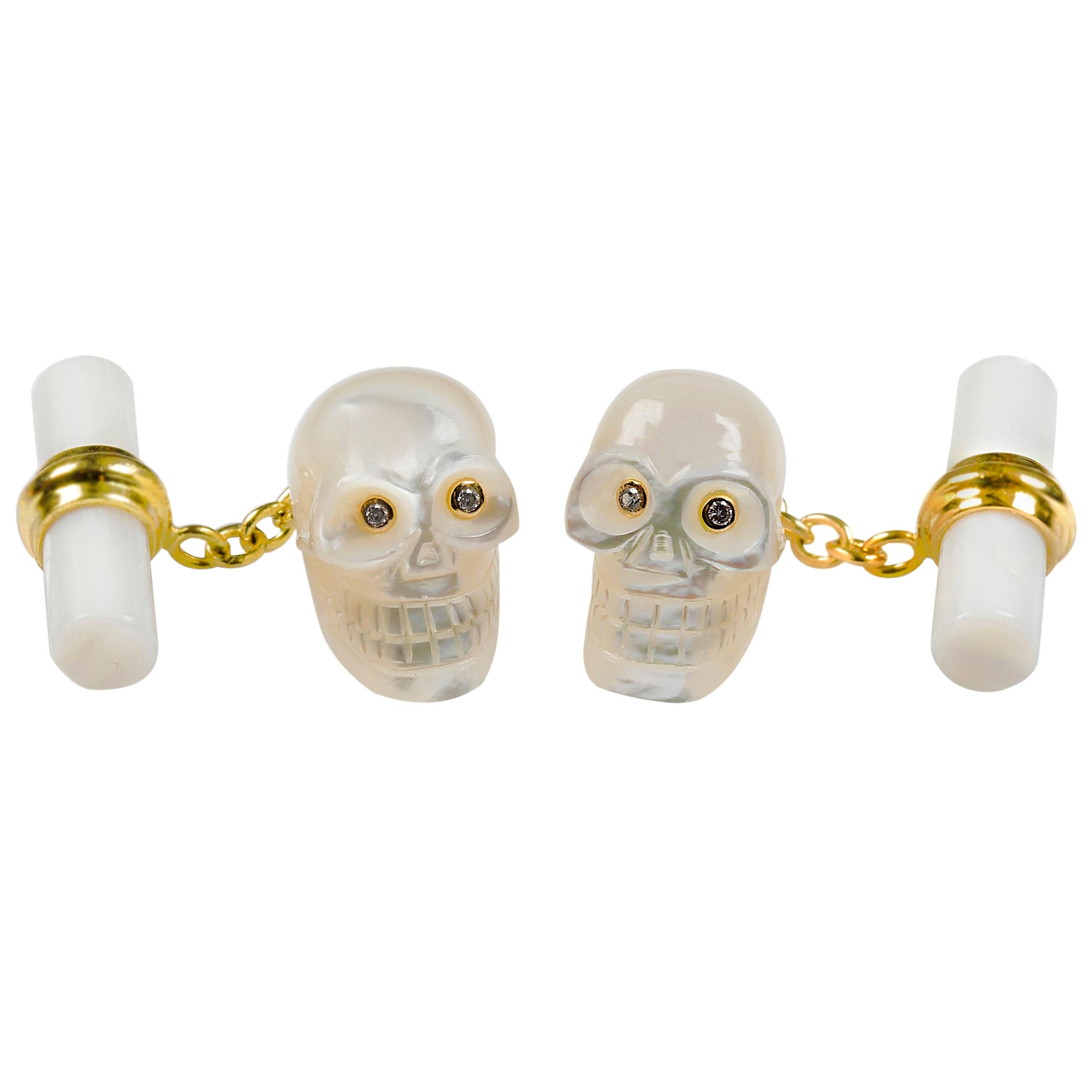 18 Karat Yellow Gold in Mother of Pearl and Diamonds Skull Cufflinks For Sale