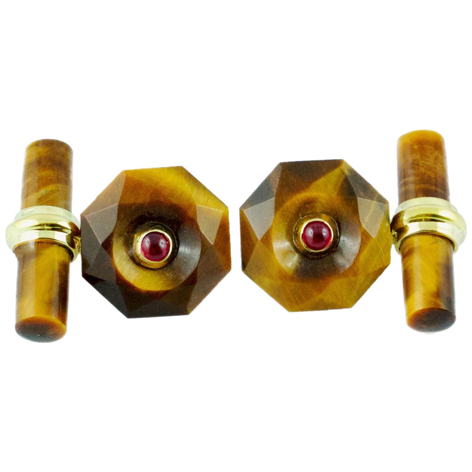 18 Karat Yellow Gold in Tiger's Eye with Rubies Cufflinks