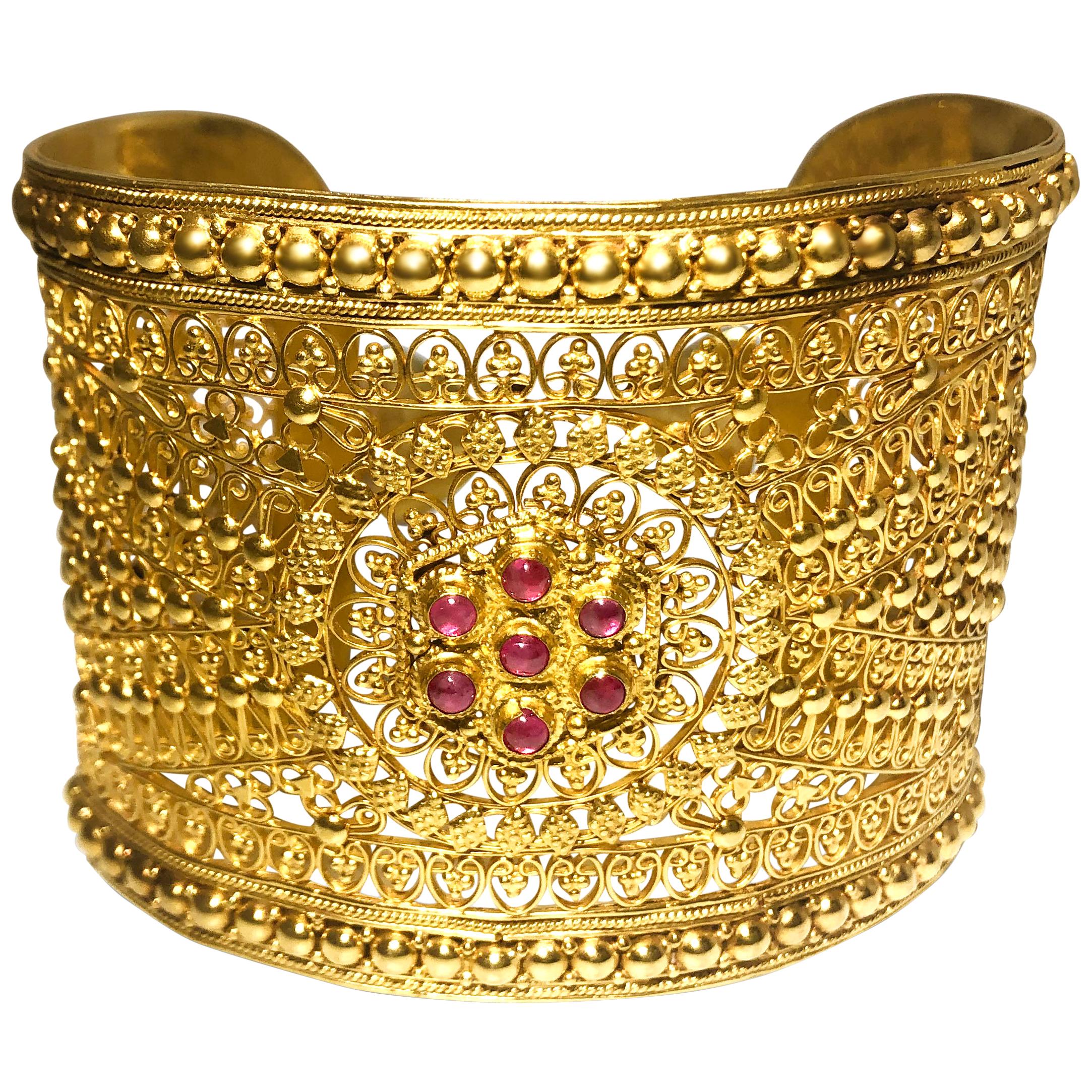 18 Karat Yellow Gold Indian Style Filigree Cuff with 7 Rubies by Manart