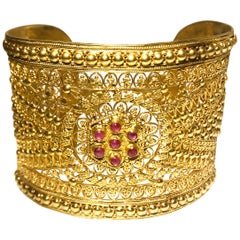 18 Karat Yellow Gold Indian Style Filigree Cuff with 7 Rubies by Manart
