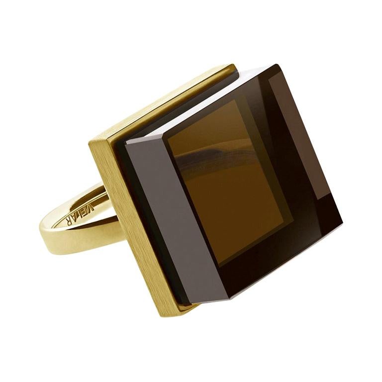 Eighteen Karat Yellow Gold Ink Ring with Smoky Quartz by Artist For Sale