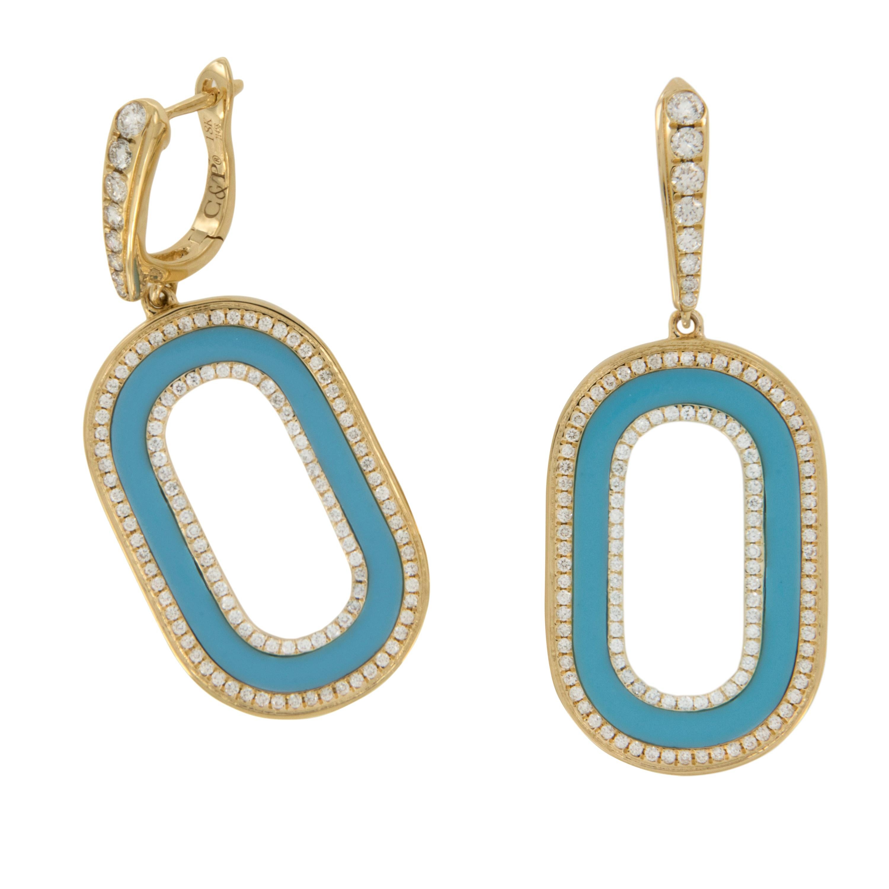 Contemporary 18 Karat Yellow Gold Inlaid Turquoise and 0.97 Cttw. Diamond Dangle Earrings