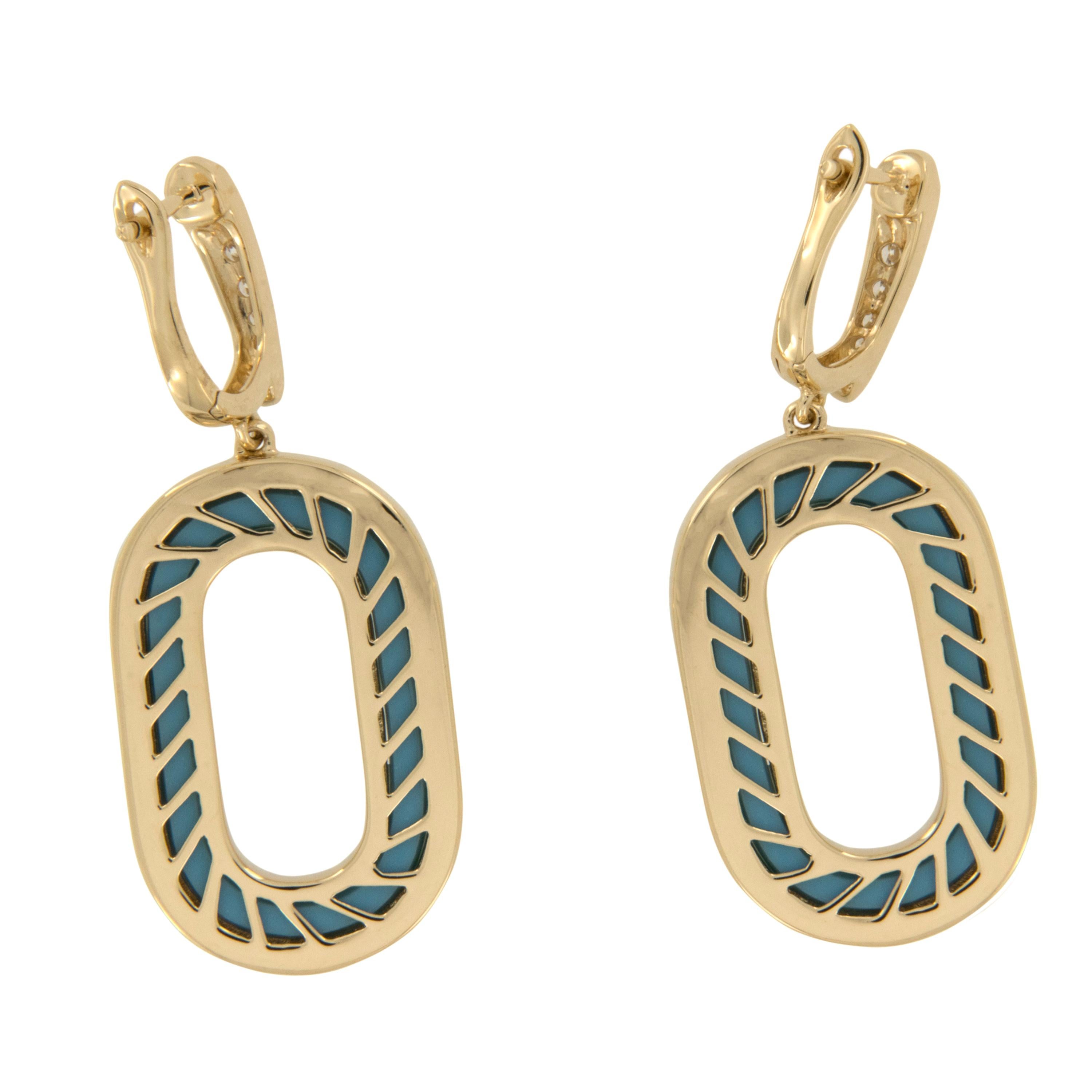 Round Cut 18 Karat Yellow Gold Inlaid Turquoise and 0.97 Cttw. Diamond Dangle Earrings