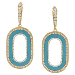 18 Karat Yellow Gold Inlaid Turquoise and 0.97 Cttw. Diamond Dangle Earrings