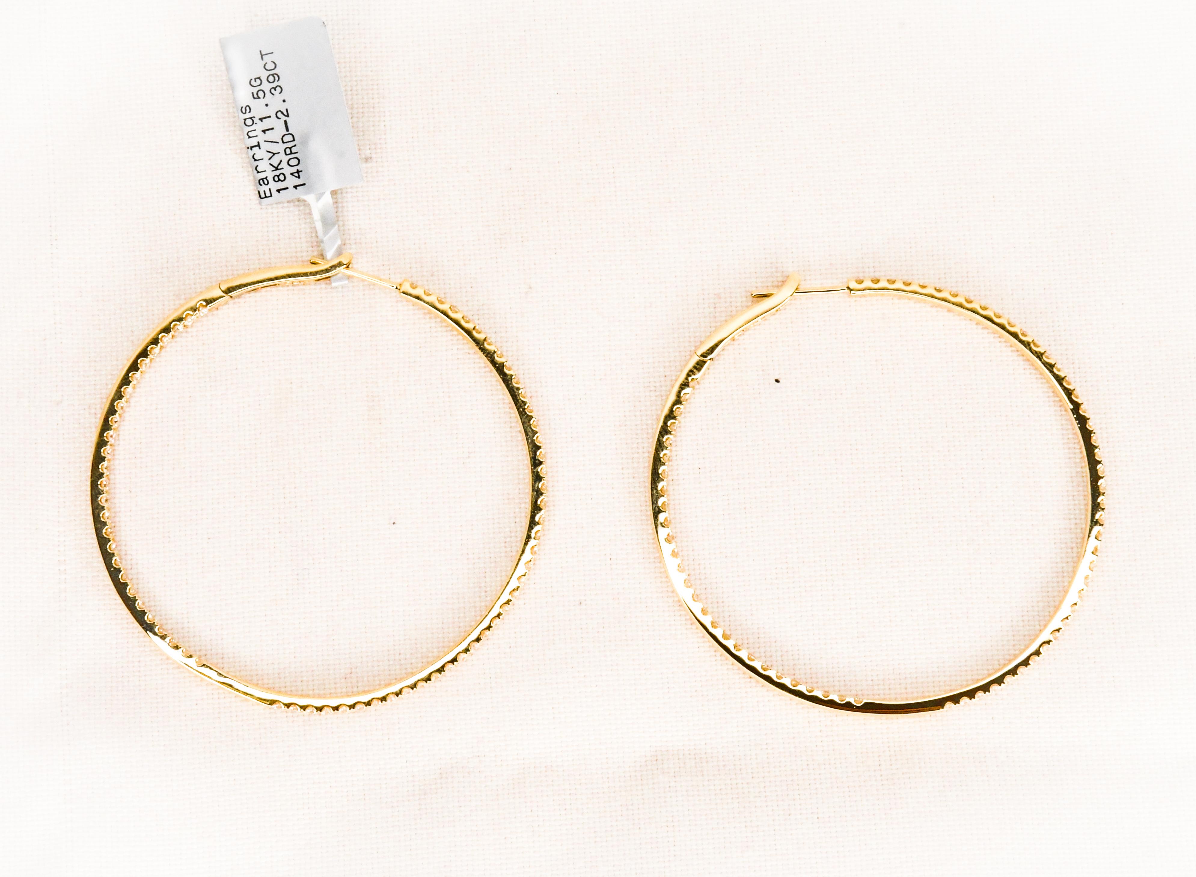 Contemporary 18 Karat Yellow Gold Inside Outside Diamond Pave Hoop Pierced Earrings Brand New For Sale