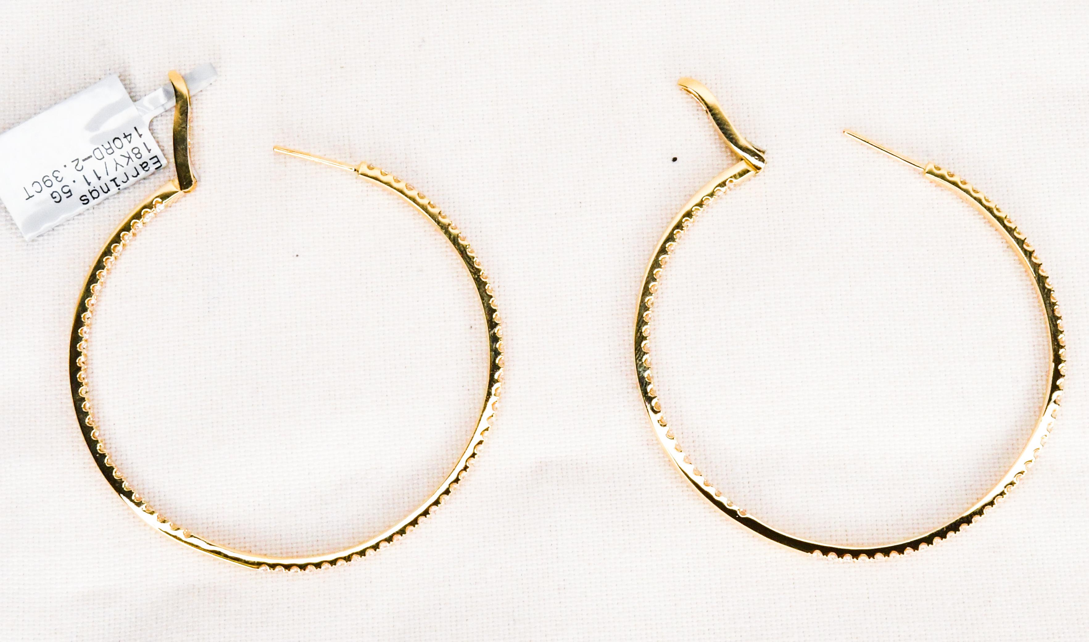 Brilliant Cut 18 Karat Yellow Gold Inside Outside Diamond Pave Hoop Pierced Earrings Brand New For Sale