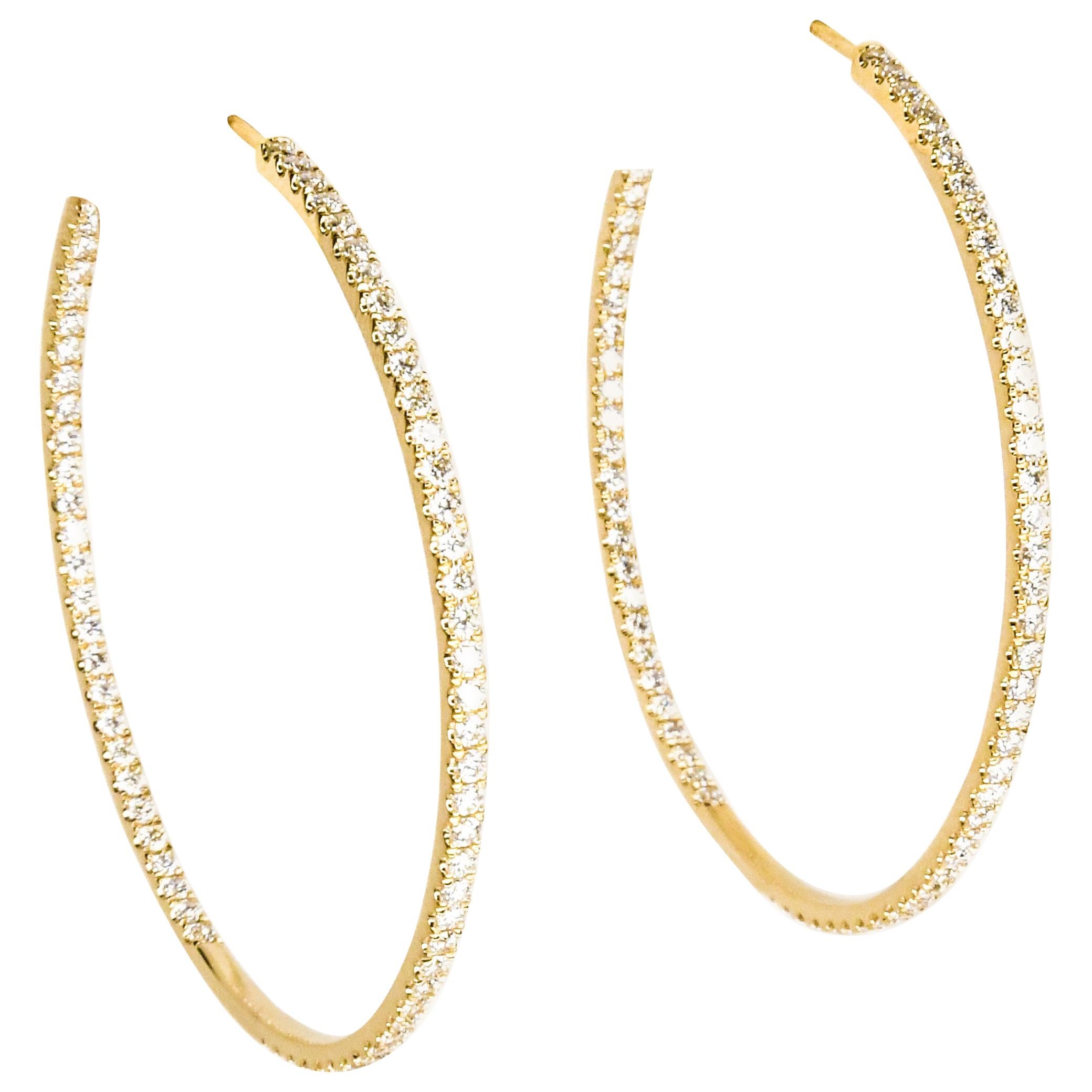 18 Karat Yellow Gold Inside Outside Diamond Pave Hoop Pierced Earrings Brand New For Sale