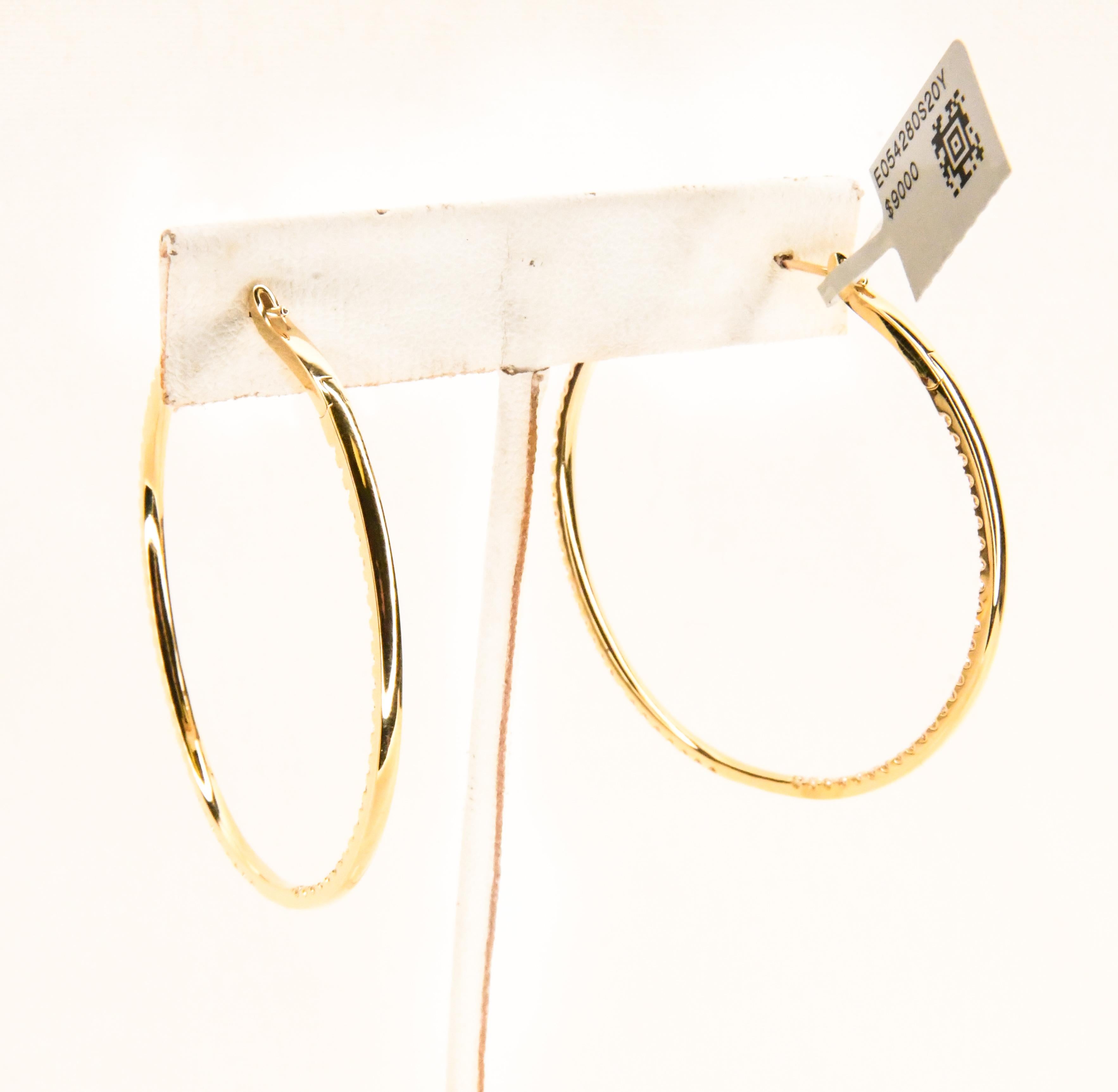 18 Karat Yellow Gold Inside Outside Diamond Pave Hoop Pierced Earrings In New Condition For Sale In Palm Beach, FL