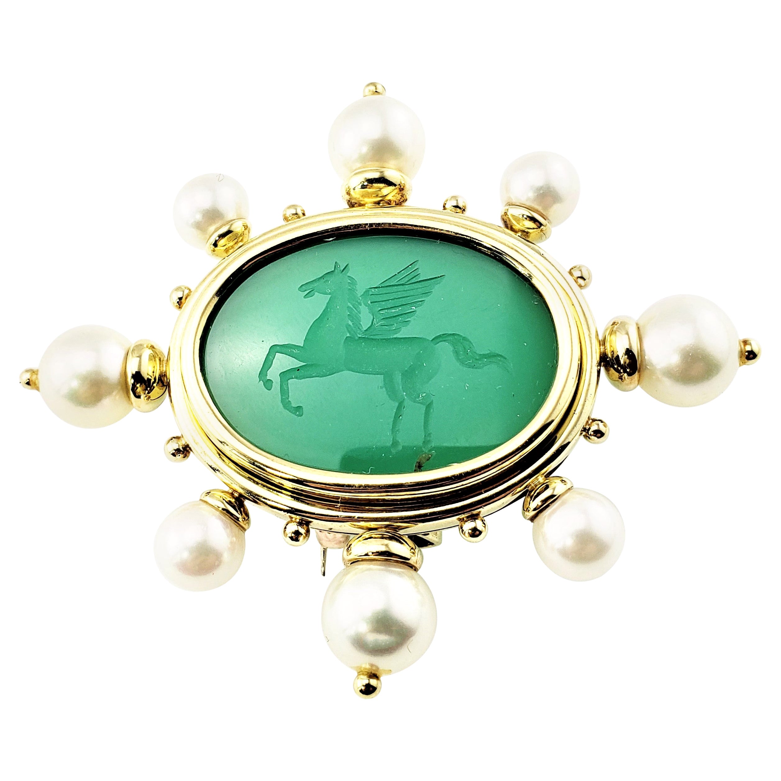 18 Karat Gelbgold Intaglio Grüner Onyx und Perle Pegasus Brosche/Anstecknadel