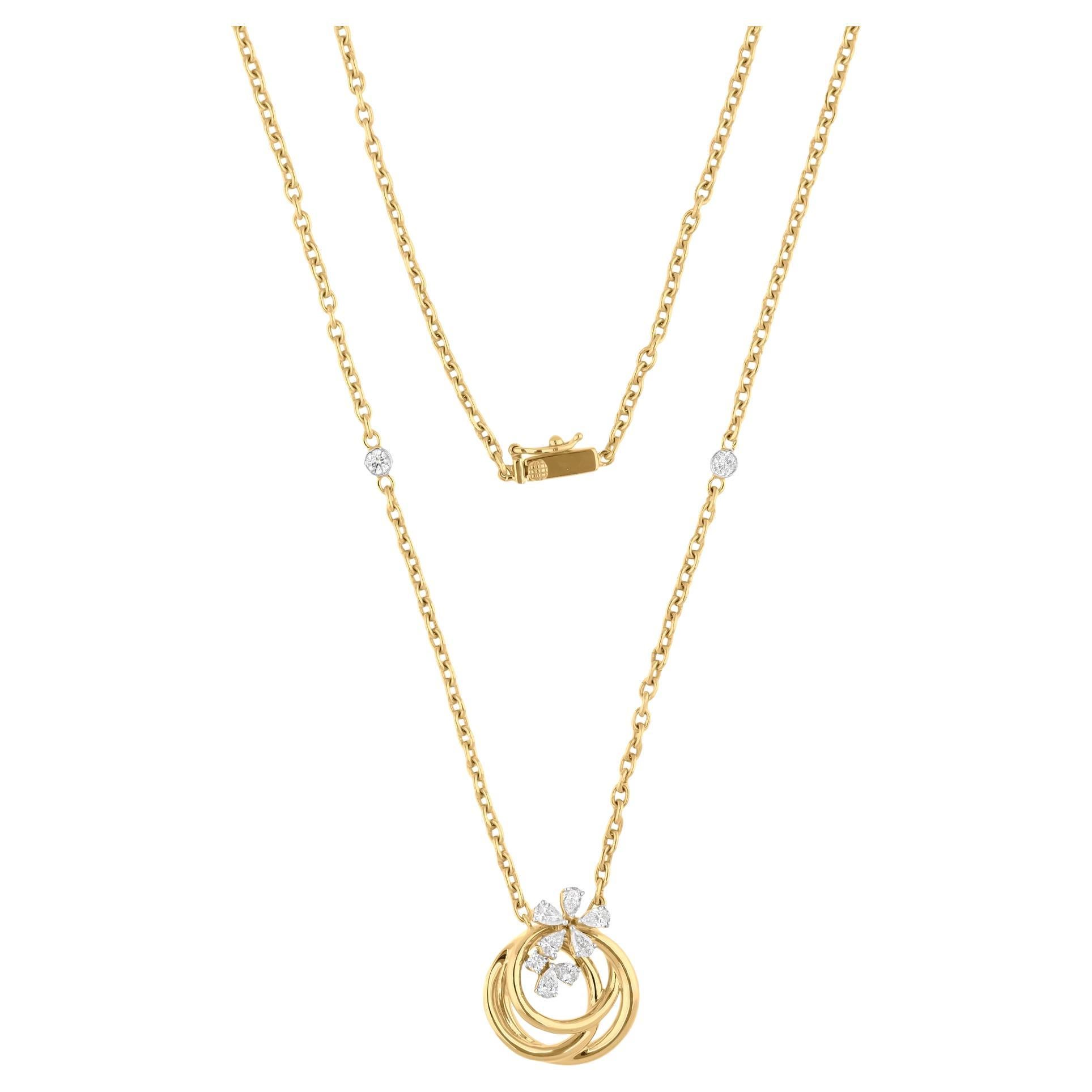 Collier pendentif en or jaune 18 carats avec fleurs en diamant et cercles entrelacés