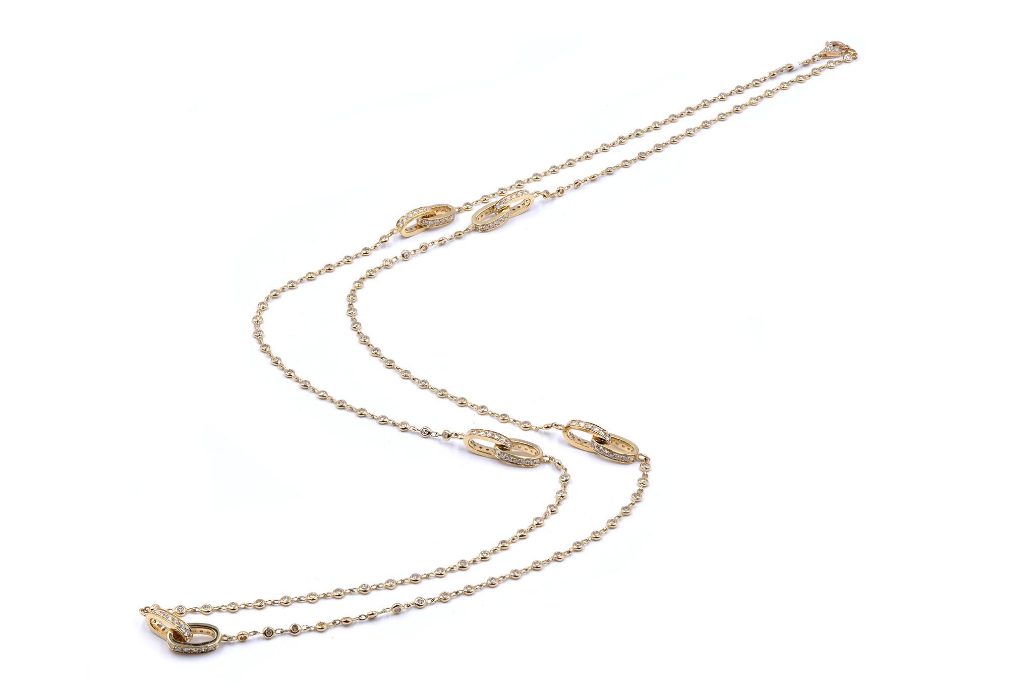 Designer: custom
Material: 18K yellow gold
Diamonds: 276 round cut = 3.90cttw
Color: G
Clarity: VS1
Dimensions: necklace measures 32-inches in length
Weight: 18.69 grams
