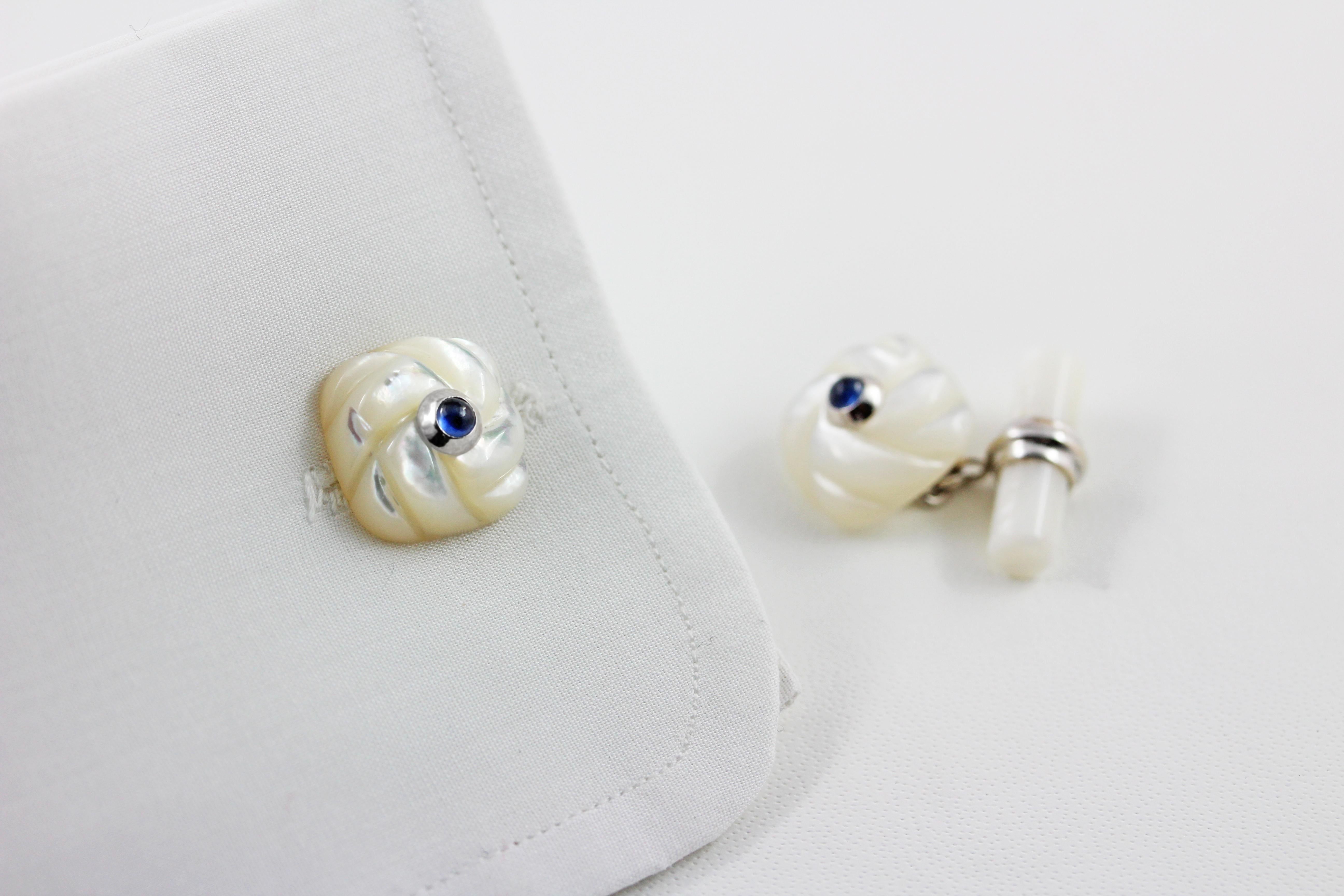 Cabochon 18 Karat White Gold Interwoven Square Mother of Pearl Agate Sapphires Cufflinks For Sale