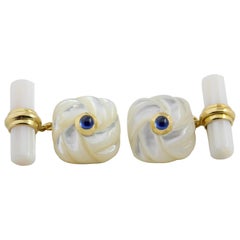 18 Karat Yellow Gold Interwoven Square Mother of Pearl Agate Sapphires Cufflinks