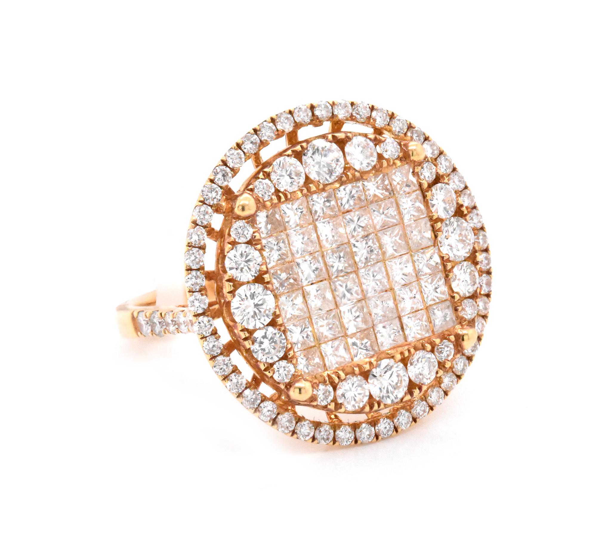 Material: 18K yellow gold
Diamonds: 112 princess and round cut = 2.45cttw
Color: G
Clarity: VS
Ring Size: 7 (Please allow up to two additional business days for sizing requests)
Dimensions: ring measures 20.85mm wide
Weight: 7.03 grams
